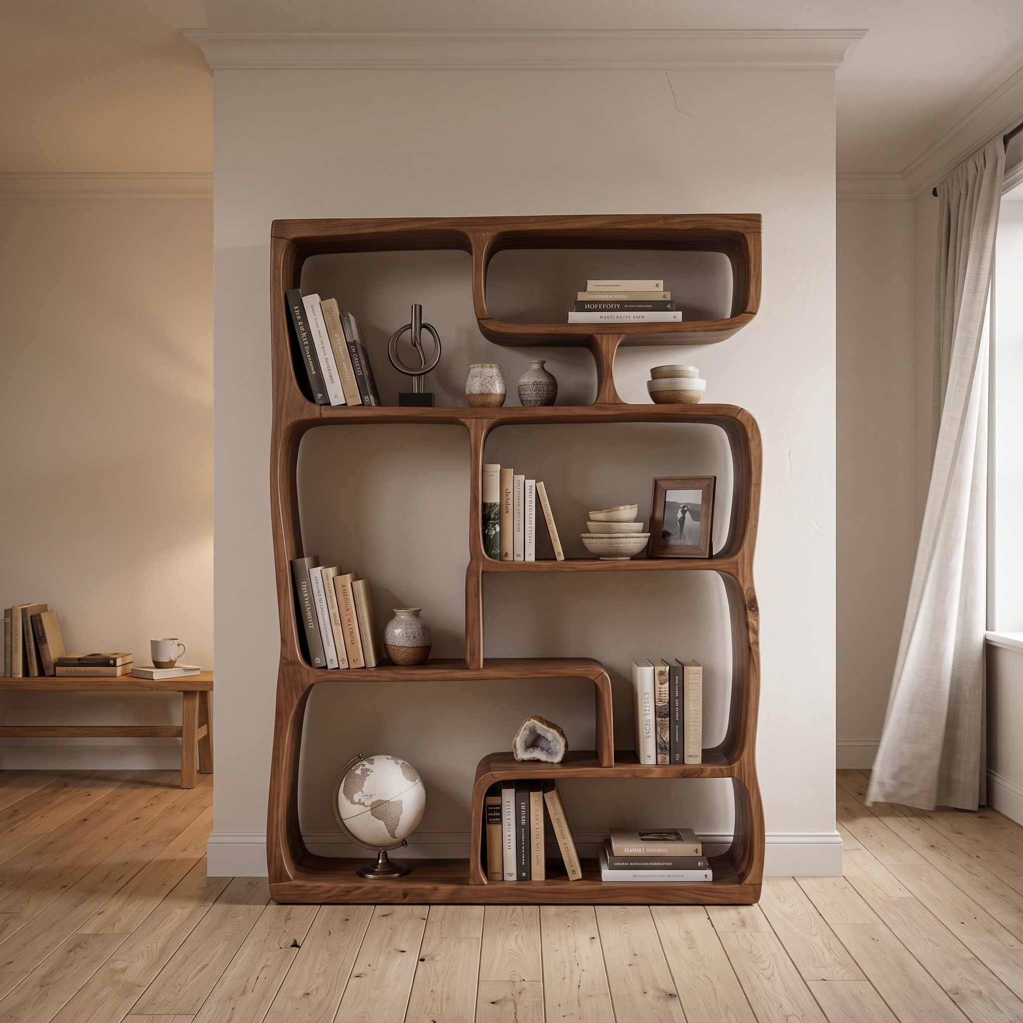 Modern Sculptural Bookshelf with Geometric Design for Living Room