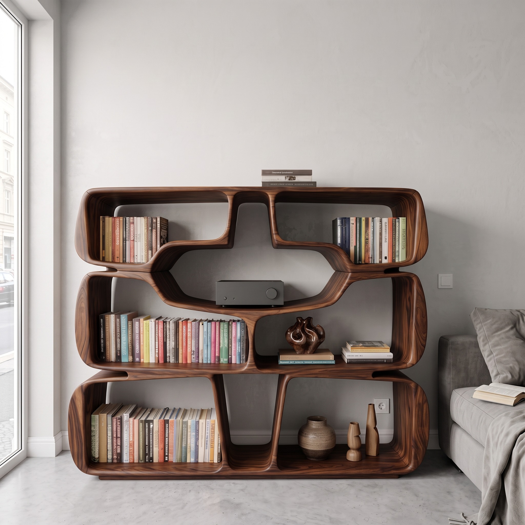 Modern Sculptural Bookshelf with Organic Curves, Handcrafted Solid Wood Standing Bookcase for Living Room & Office