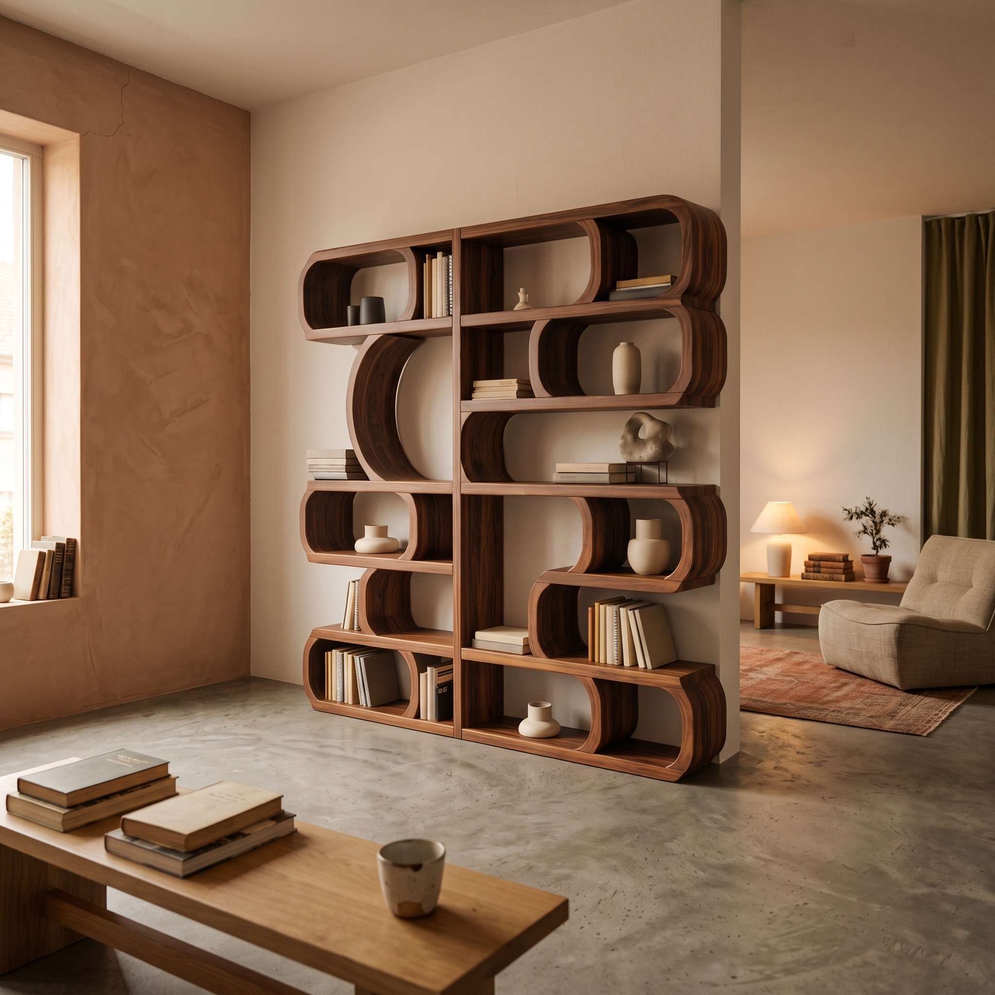 Modern Sculptural Bookshelf with Symmetrical Curves, Solid Wood Display Bookcase for Living Room & Office