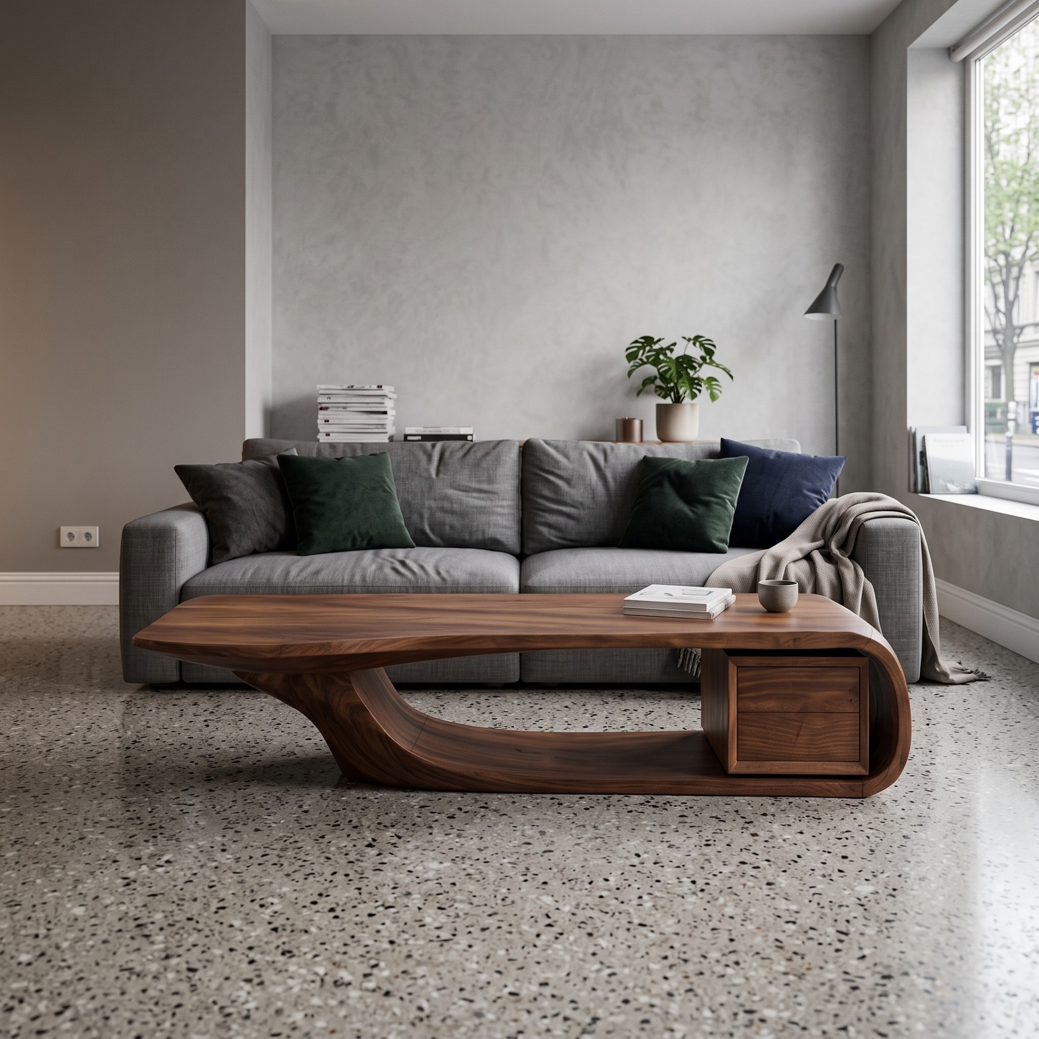 Modern Sculptural Coffee Table with Curved Design, Handcrafted Solid Wood Center Cocktail Table for Home Office