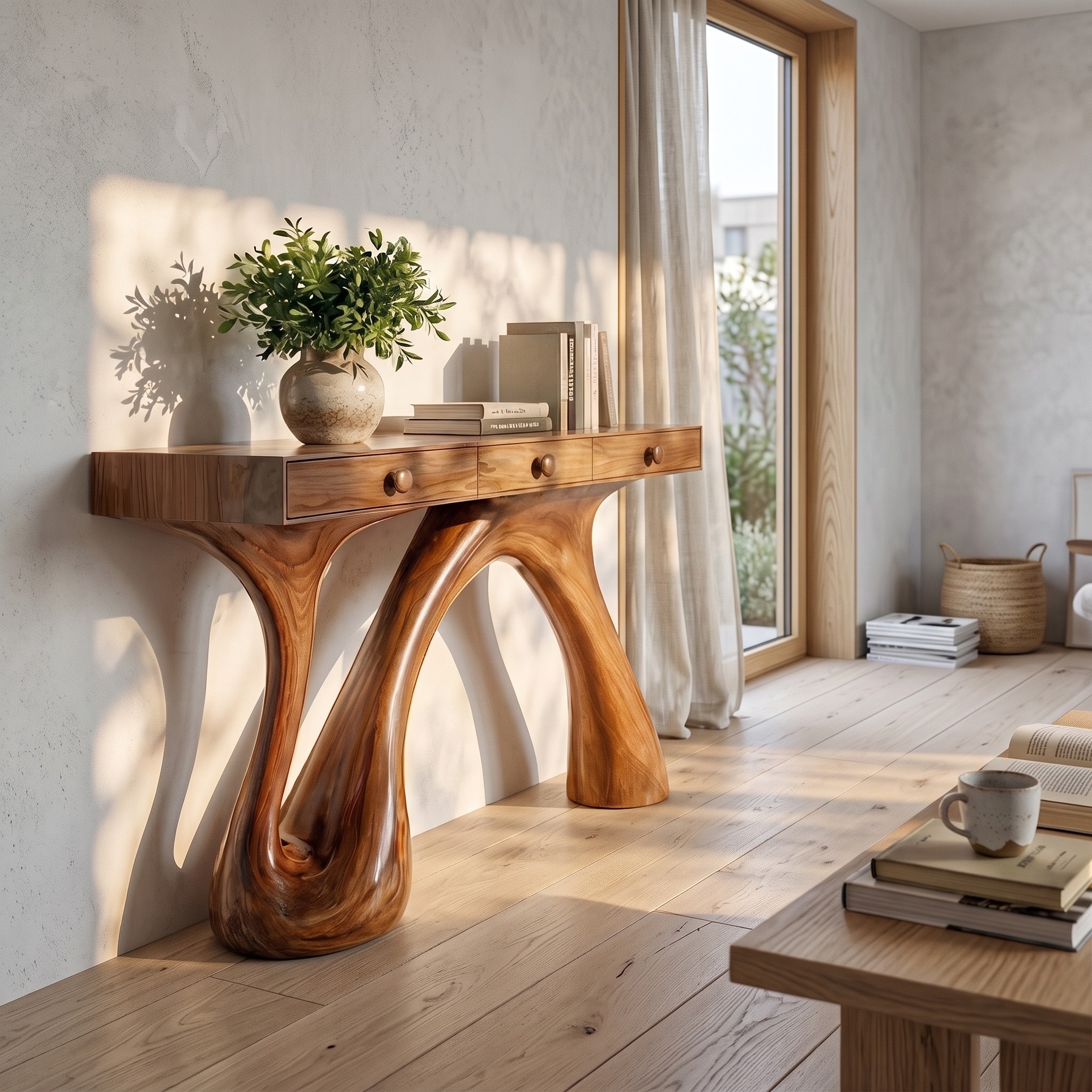 Modern Sculptural Console Table, Handcrafted Solid Wood Entryway Sofa Table & Living Room Accent