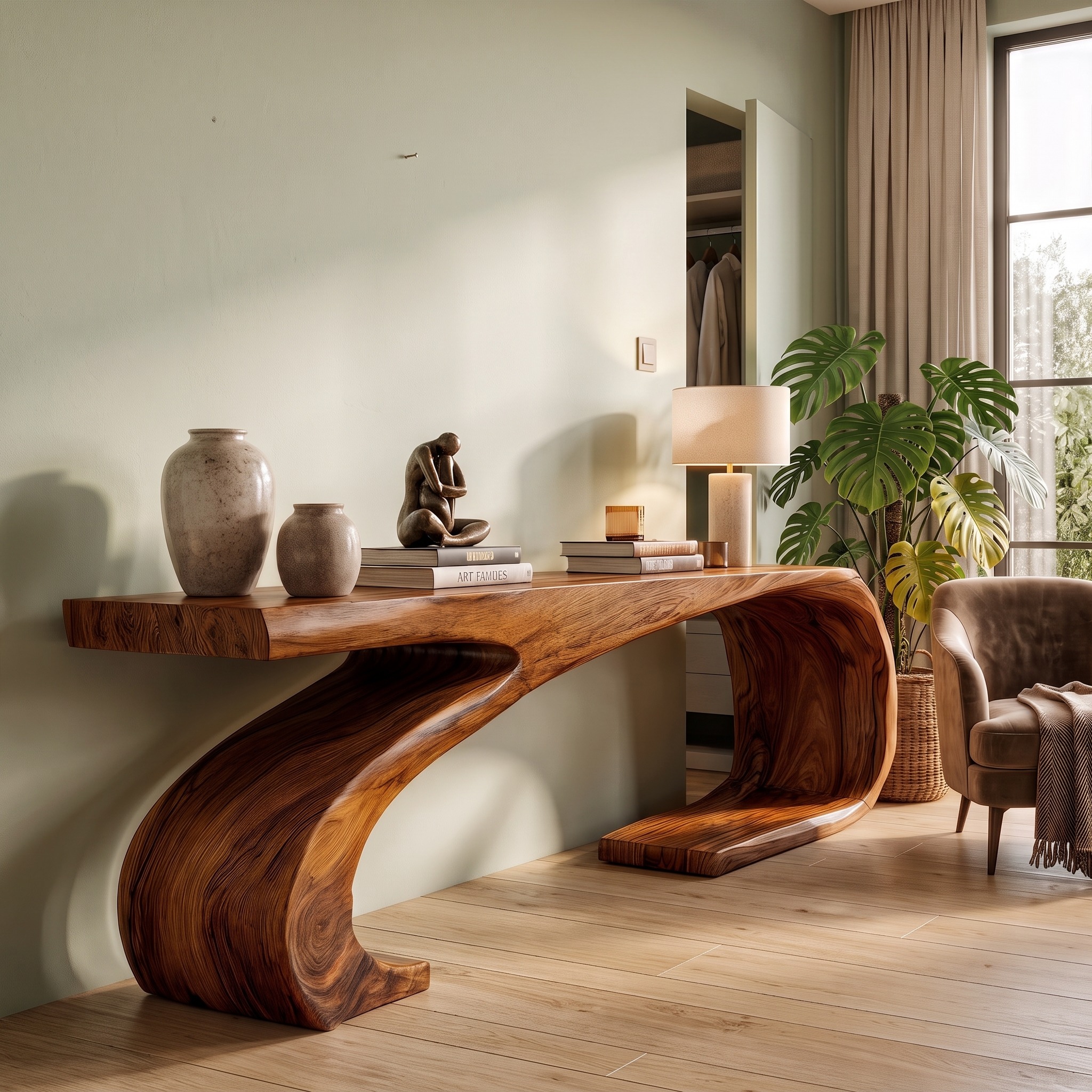 Modern Sculptural Console Table Organic Curved Base Design for Living Room Entryway