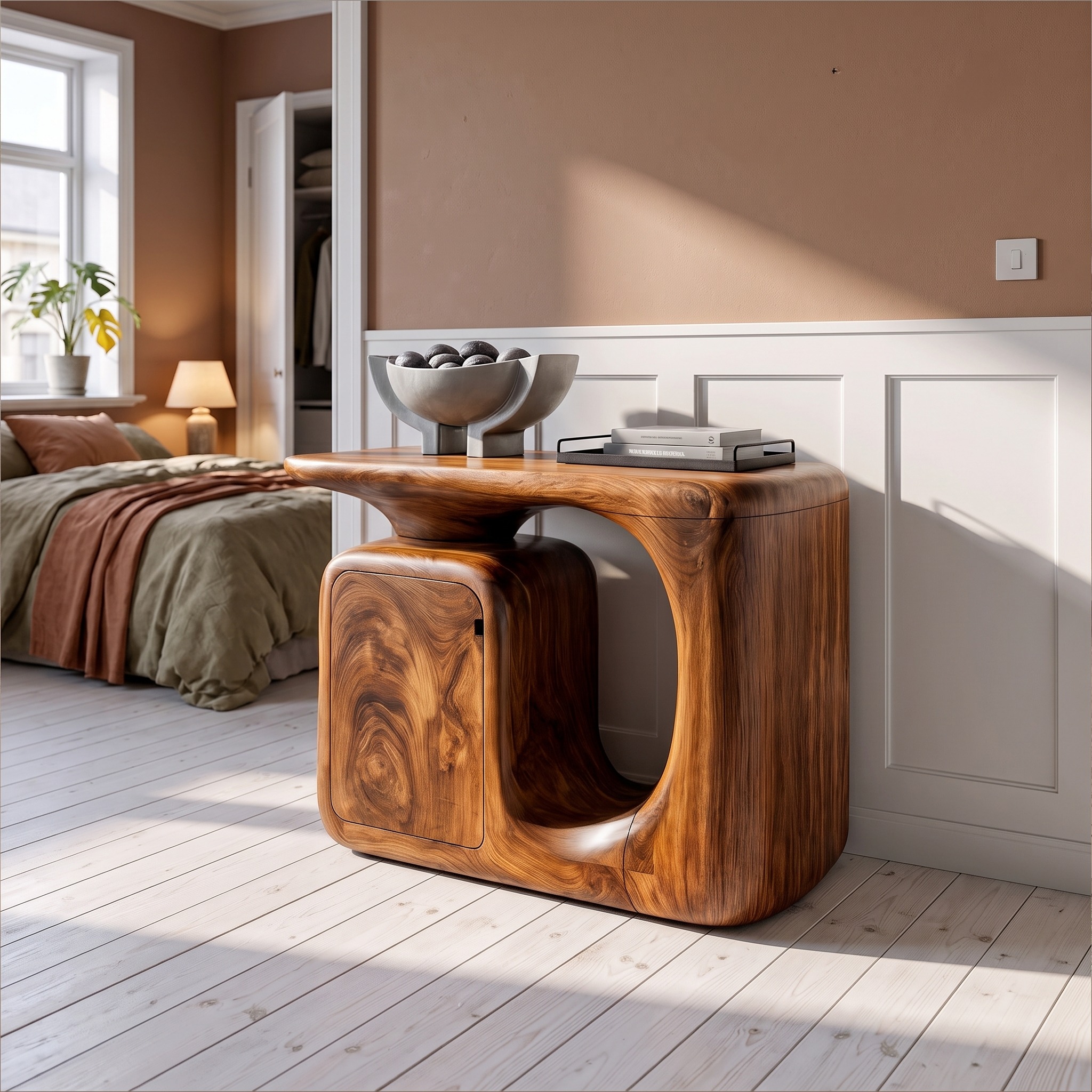 Modern Sculptural Console Table with Rounded Storage Cabinet for Entryway
