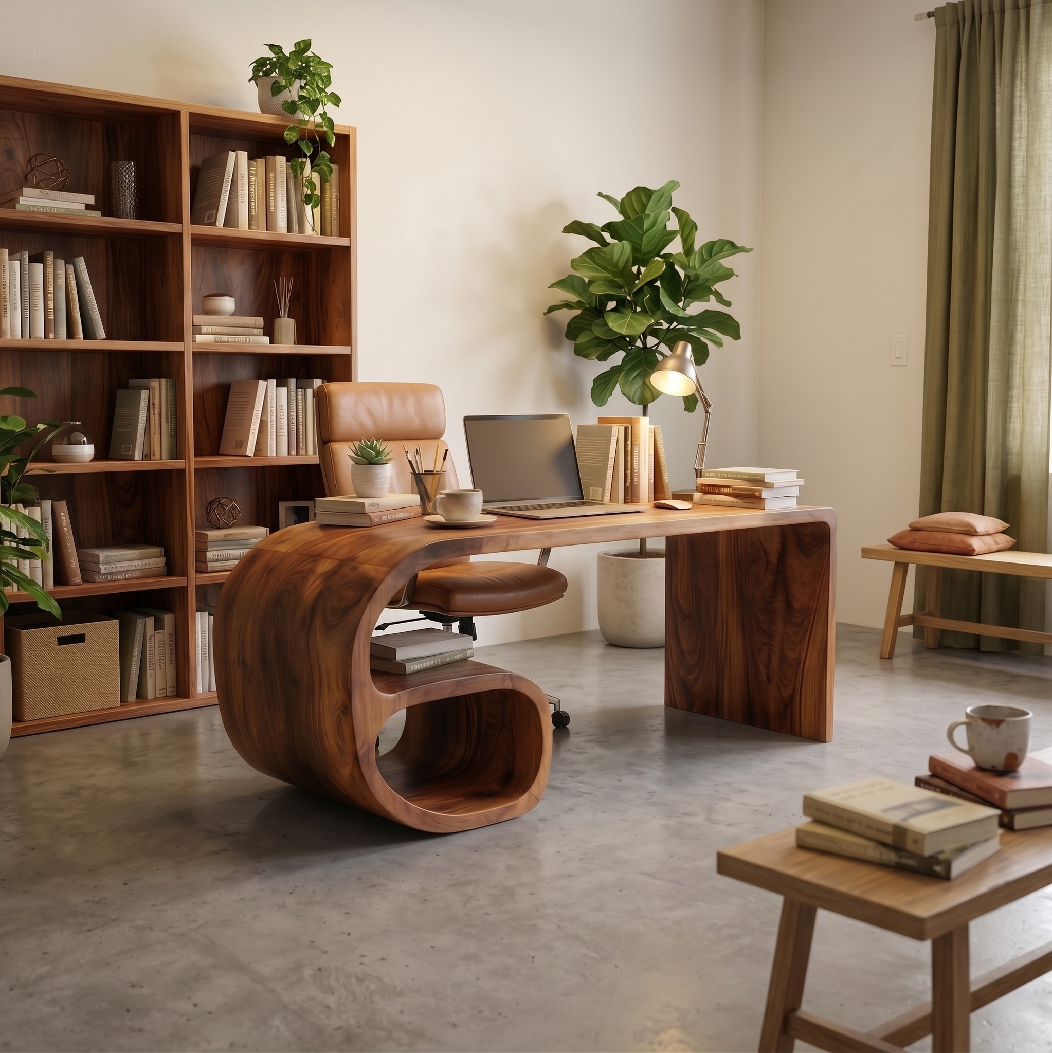 Modern Sculptural Desk, Solid Wood Artistic Computer Writing Desk for Home Office