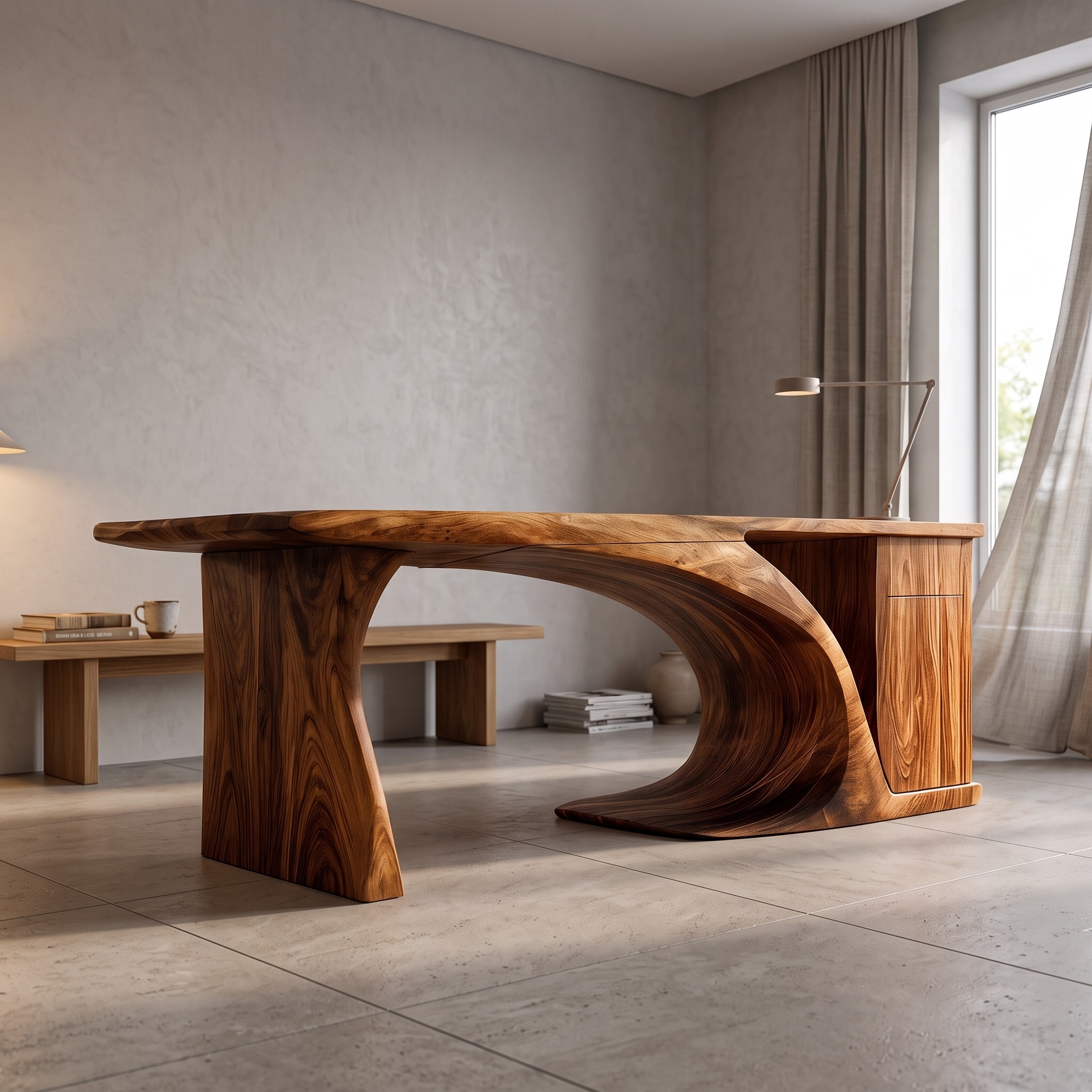 Modern Sculptural Desk with Curved Base and Storage for Home Office