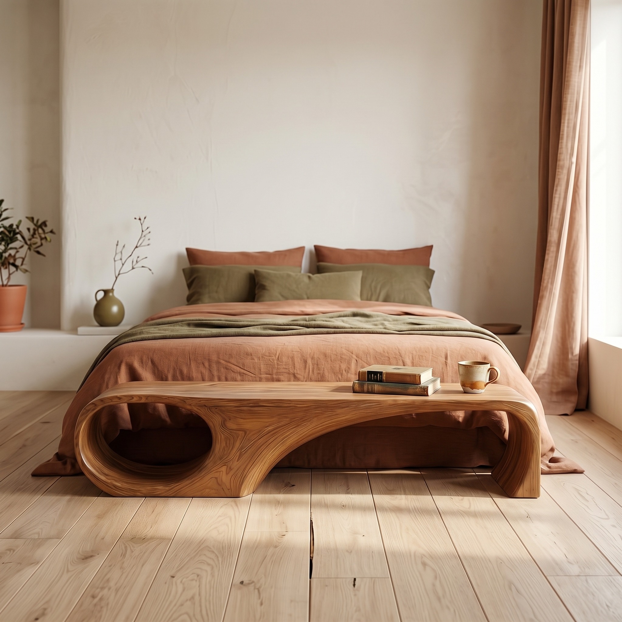Modern Sculptural End of Bed Bench, Solid Wood Entryway Bench, Contemporary Seating for Bedroom & Living Room Decor