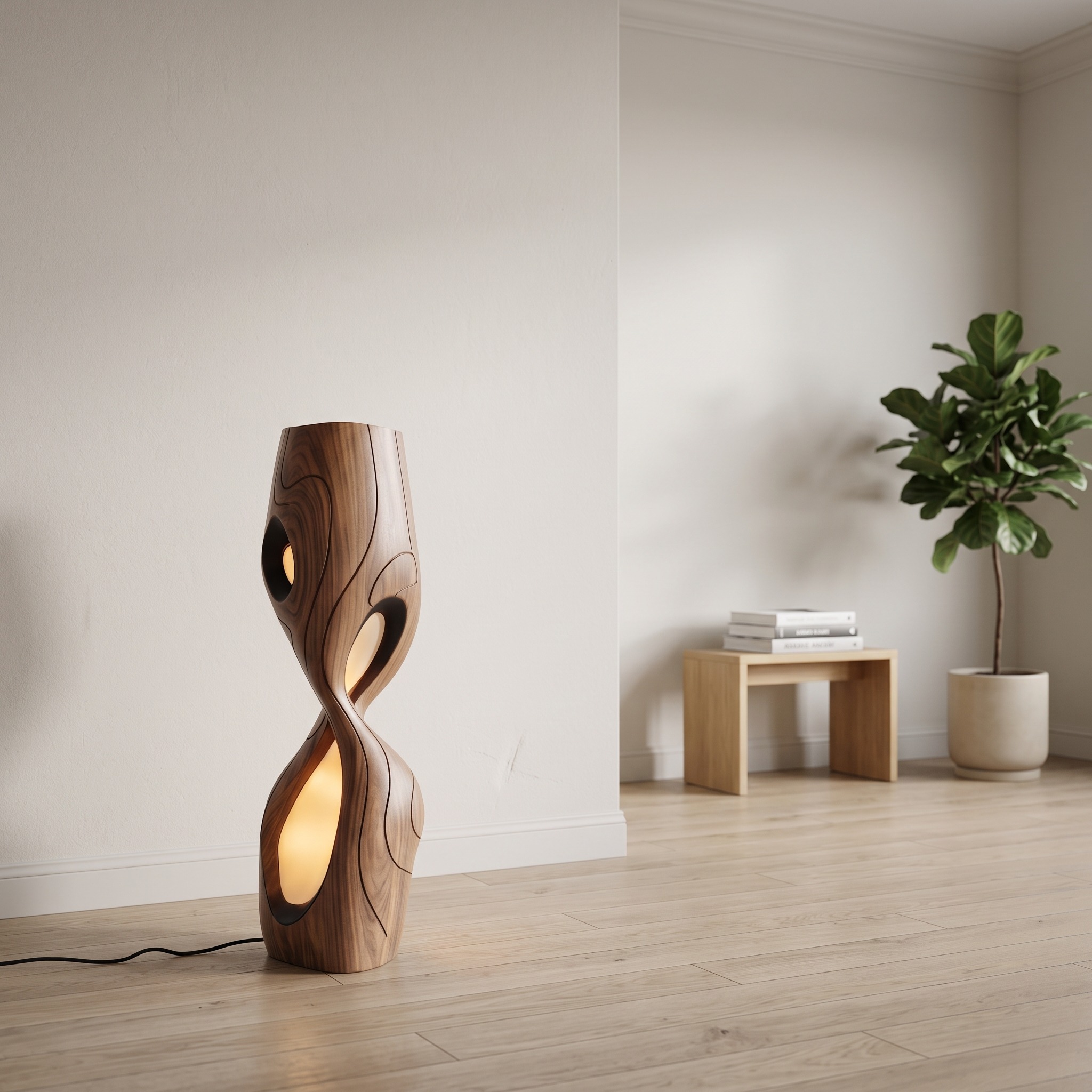 Modern Sculptural Floor Lamp, Handcrafted Solid Wood Standing Light for Living Room, Bedroom & Entryway