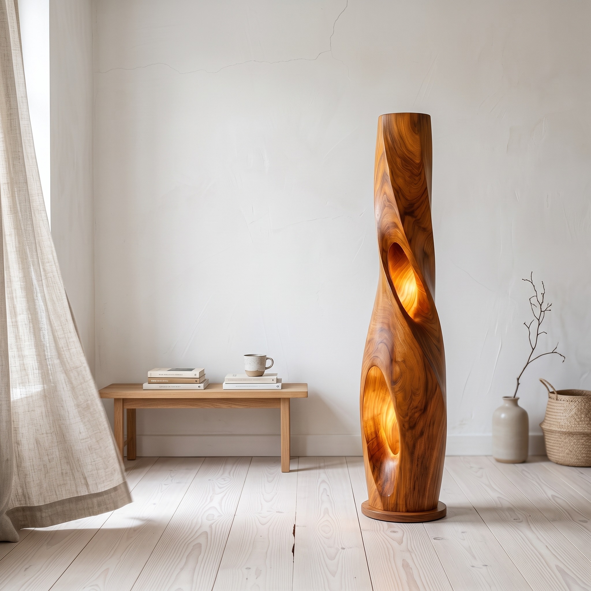 Modern Sculptural Floor Lamp with Hollow Solid Wood Design, Artistic Standing Light