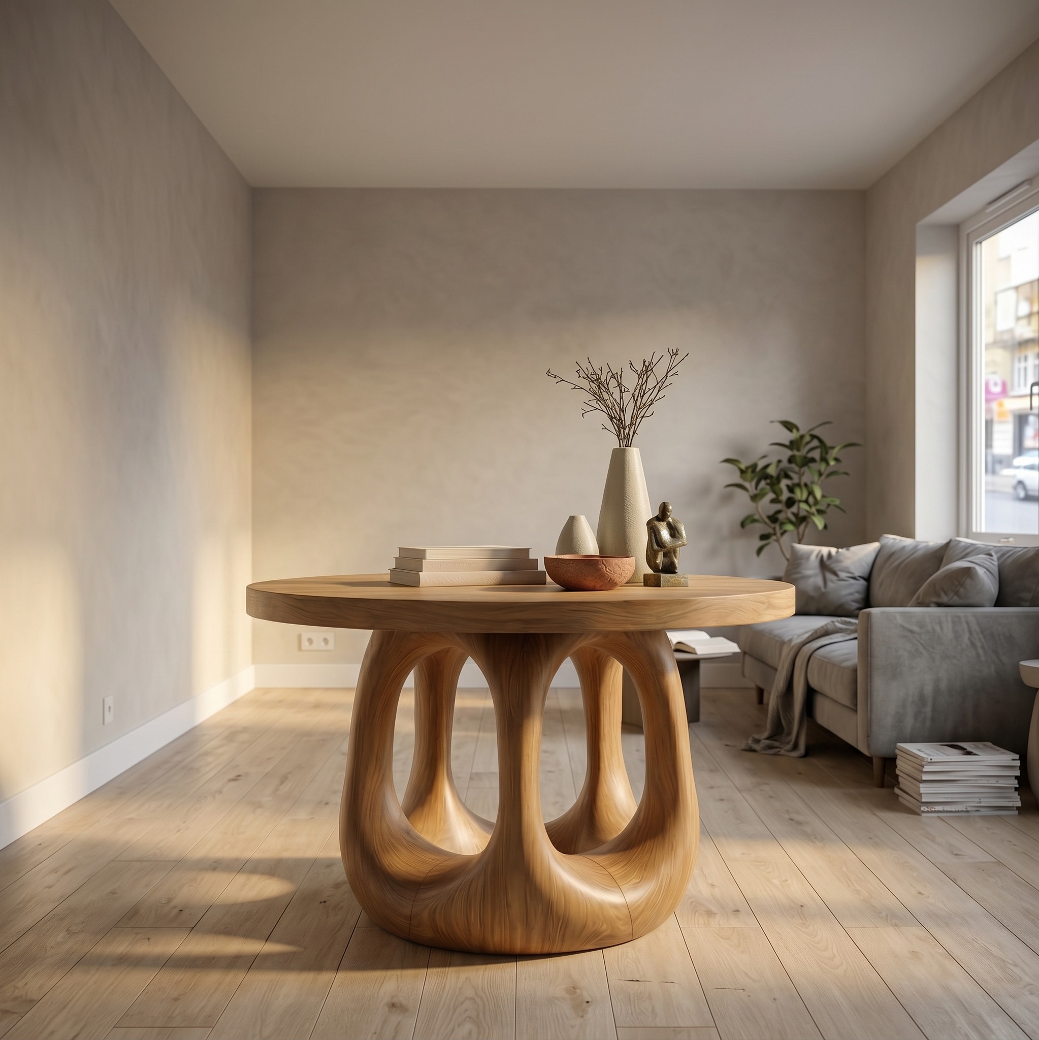 Modern Sculptural Foyer Table, Solid Wood Entryway Table, Geometric Pedestal Accent for Living Room