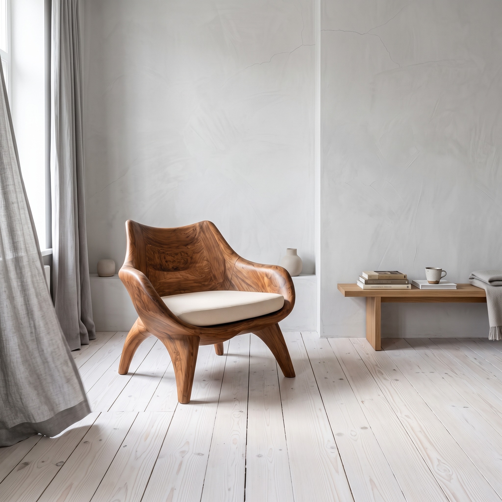 Modern Sculptural Lounge Chair, Handcrafted Wood Accent Armchair with Artistic Curved Frame for Living Room