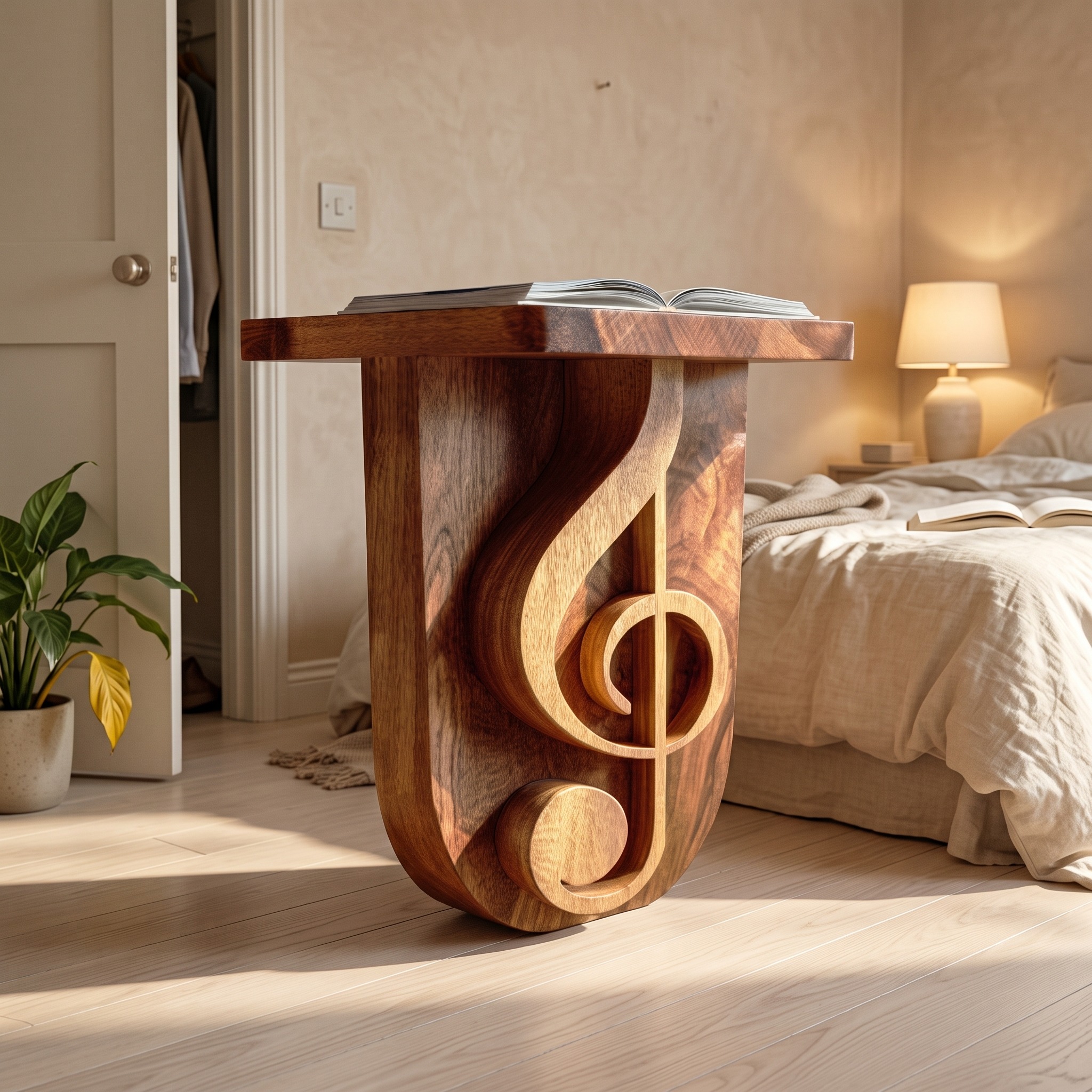 Modern Sculptural Music Note Wood Side Table, Creative Handcrafted Accent Table for Studio & Living Room