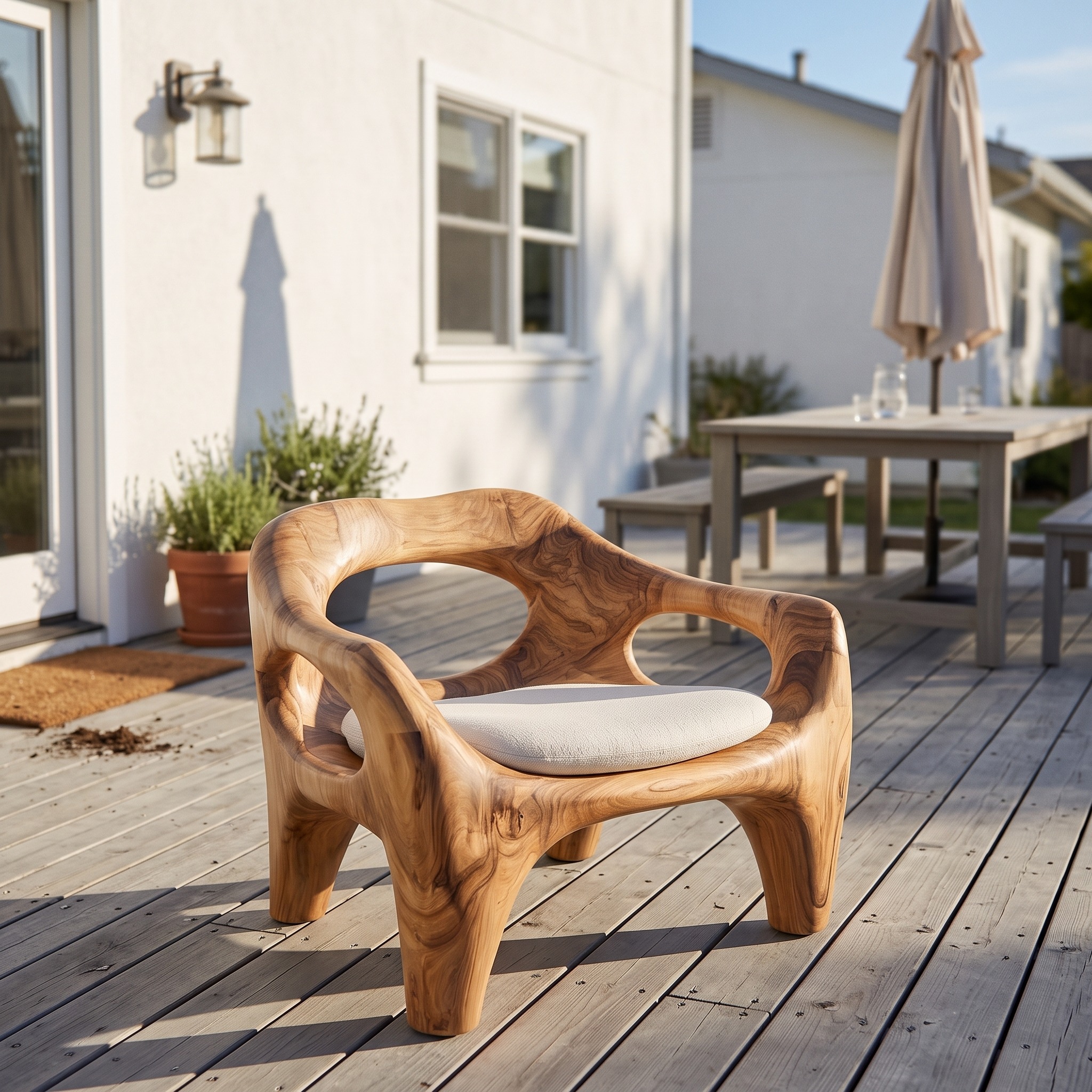 Modern Sculptural Natural Wood Accent Chair, Handcrafted Solid Wood Lounge Armchair for Living Room & Office