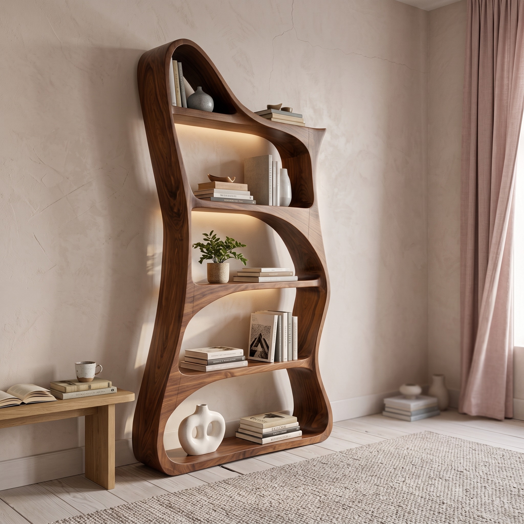 Modern Sculptural Natural Wood Bookshelf for Living Room