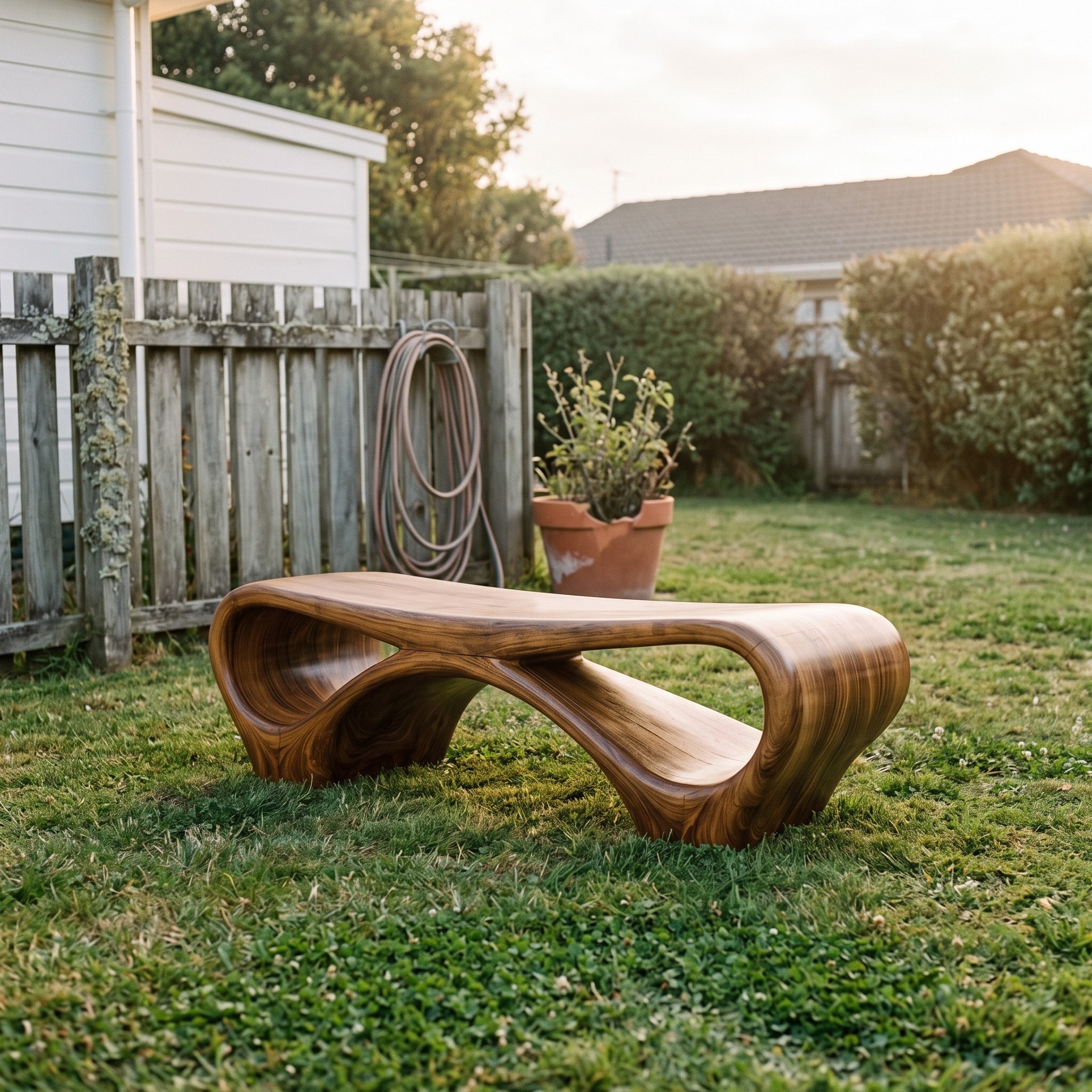 Modern Sculptural Outdoor Bench, Curved Solid Wood Garden Bench for Patio, Courtyard & Yard Lounge Seating