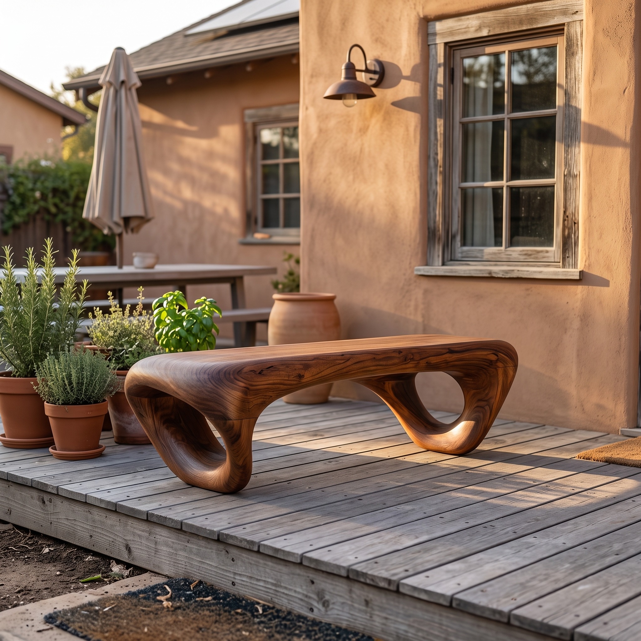 Modern Sculptural Outdoor Bench, Weather-Resistant Handcrafted Solid Wood Garden Patio Bench Seating & Park Furniture