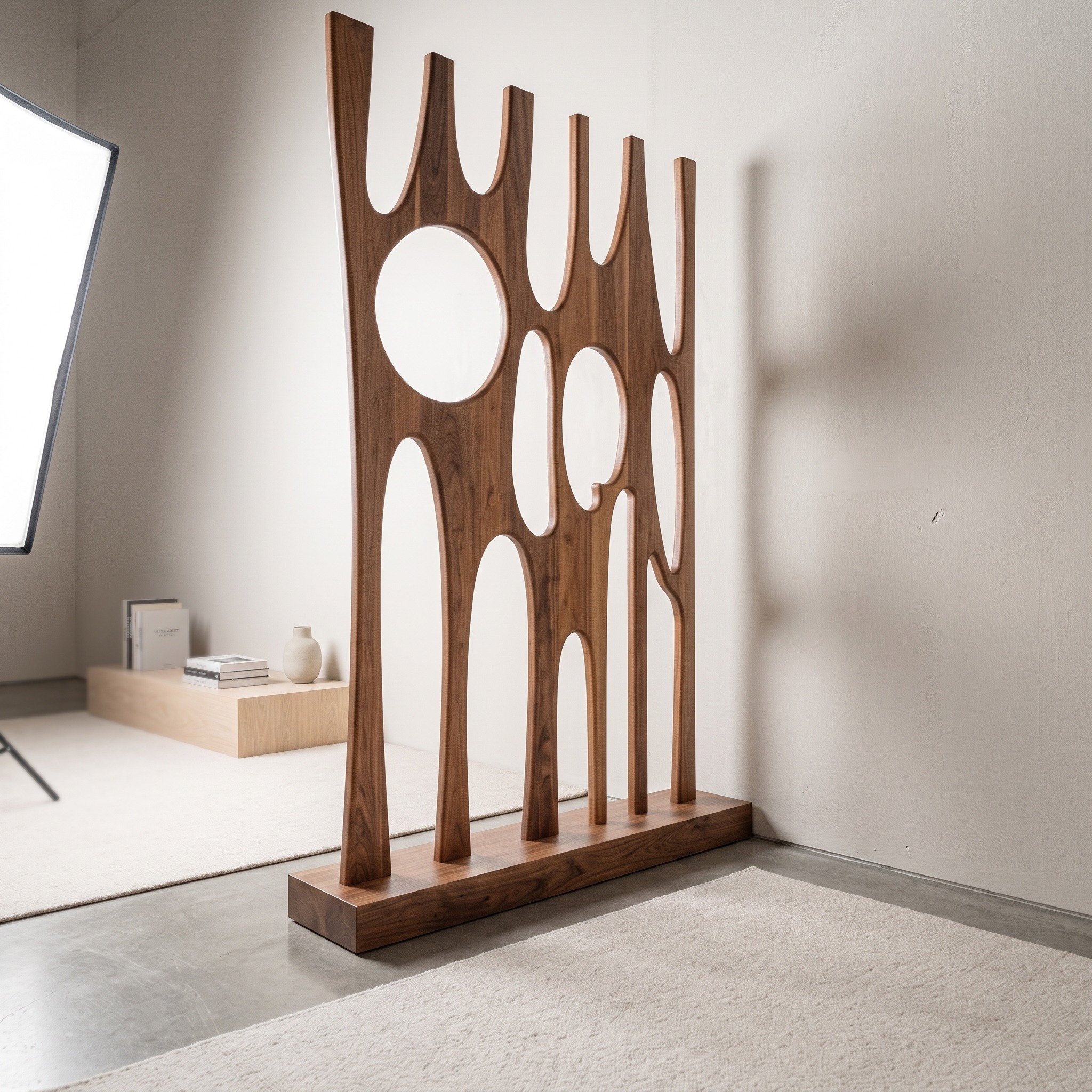 Modern Sculptural Room Divider, Handcrafted Artistically Carved Wooden Privacy Screen for Bedroom & Living Room
