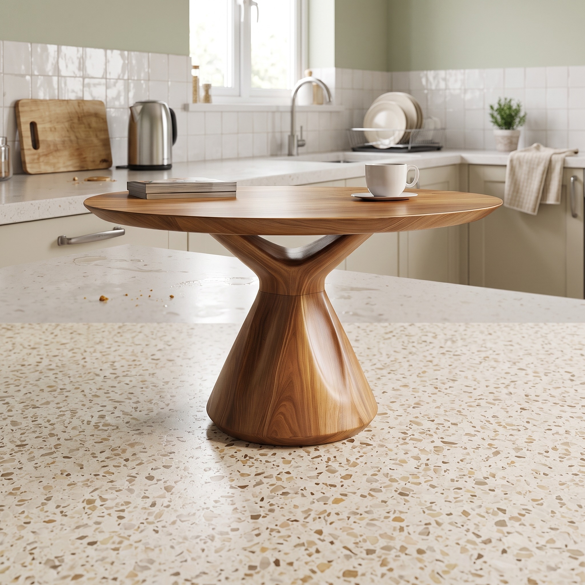 Modern Sculptural Round Coffee Table, Solid Wood Curved Geometric Accent Table for Living Room, Lounge, Studio