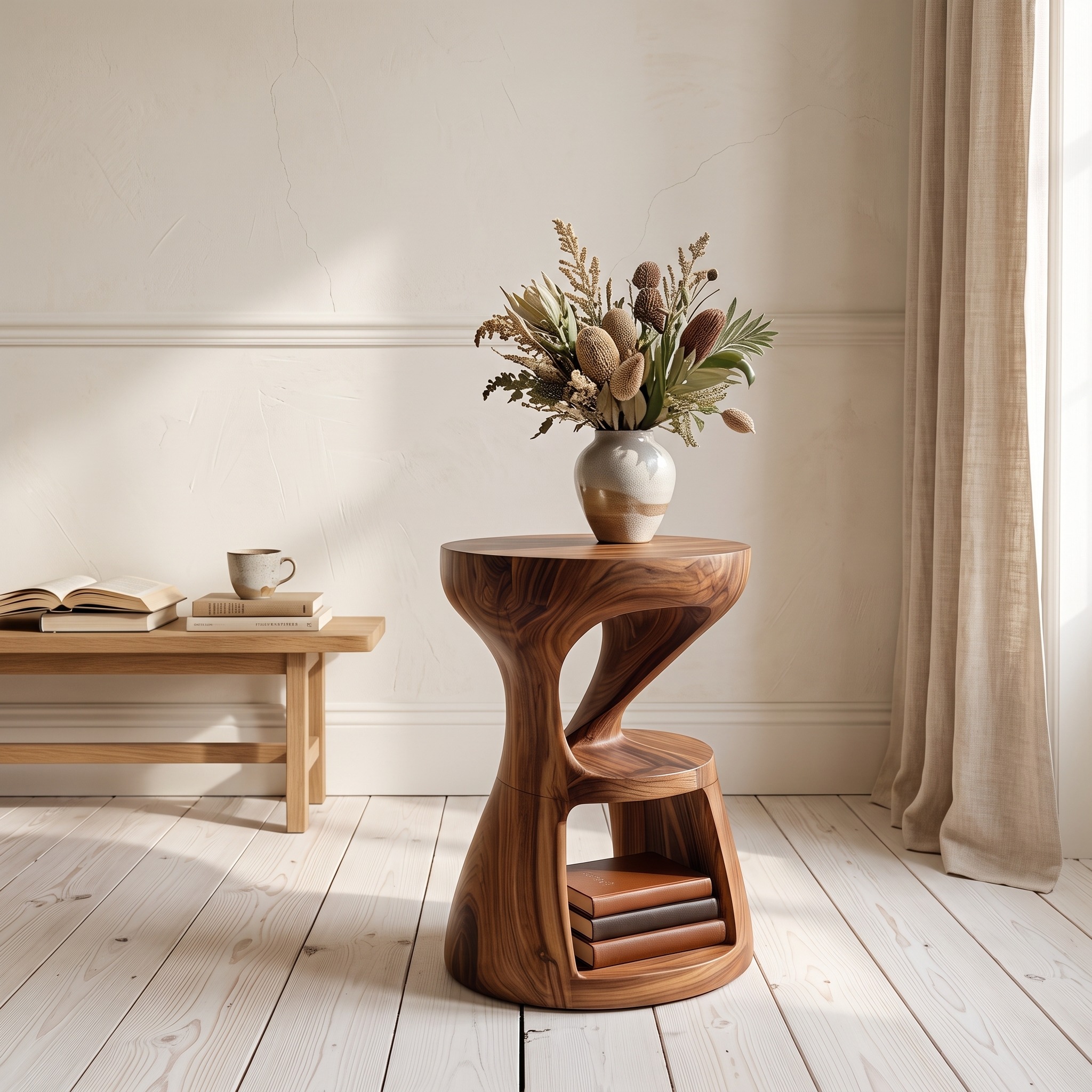 Modern Sculptural Side Table, Handcrafted Solid Wood End Table & Nightstand for Living Room Lounge, Model