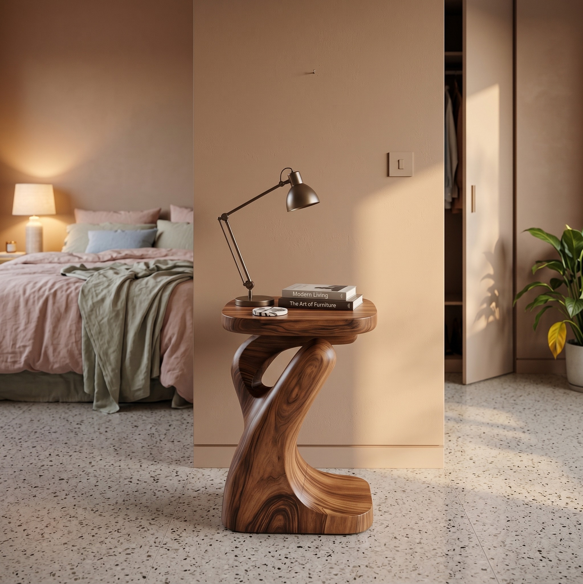 Modern Sculptural Side Table, Organic Solid Wood Pedestal End Table & Bedside Nightstand for Living Room