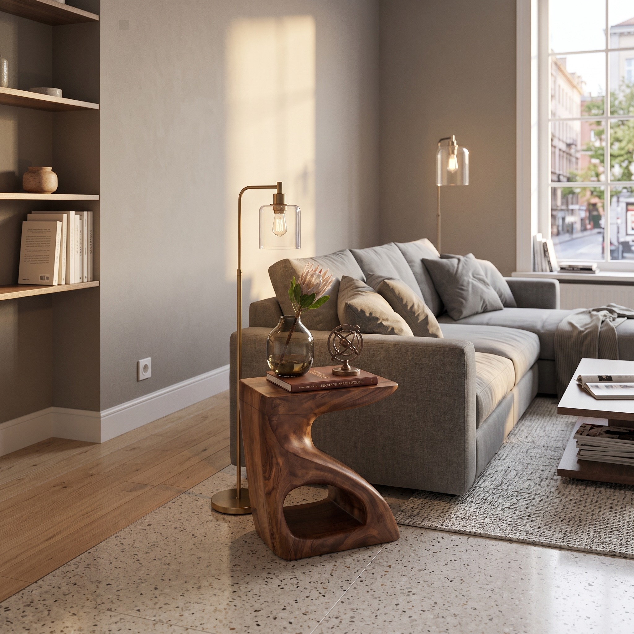 Modern Sculptural Side Table, Solid Wood End Table & Accent Pedestal for Living Room Sofa or Bedroom Nightstand