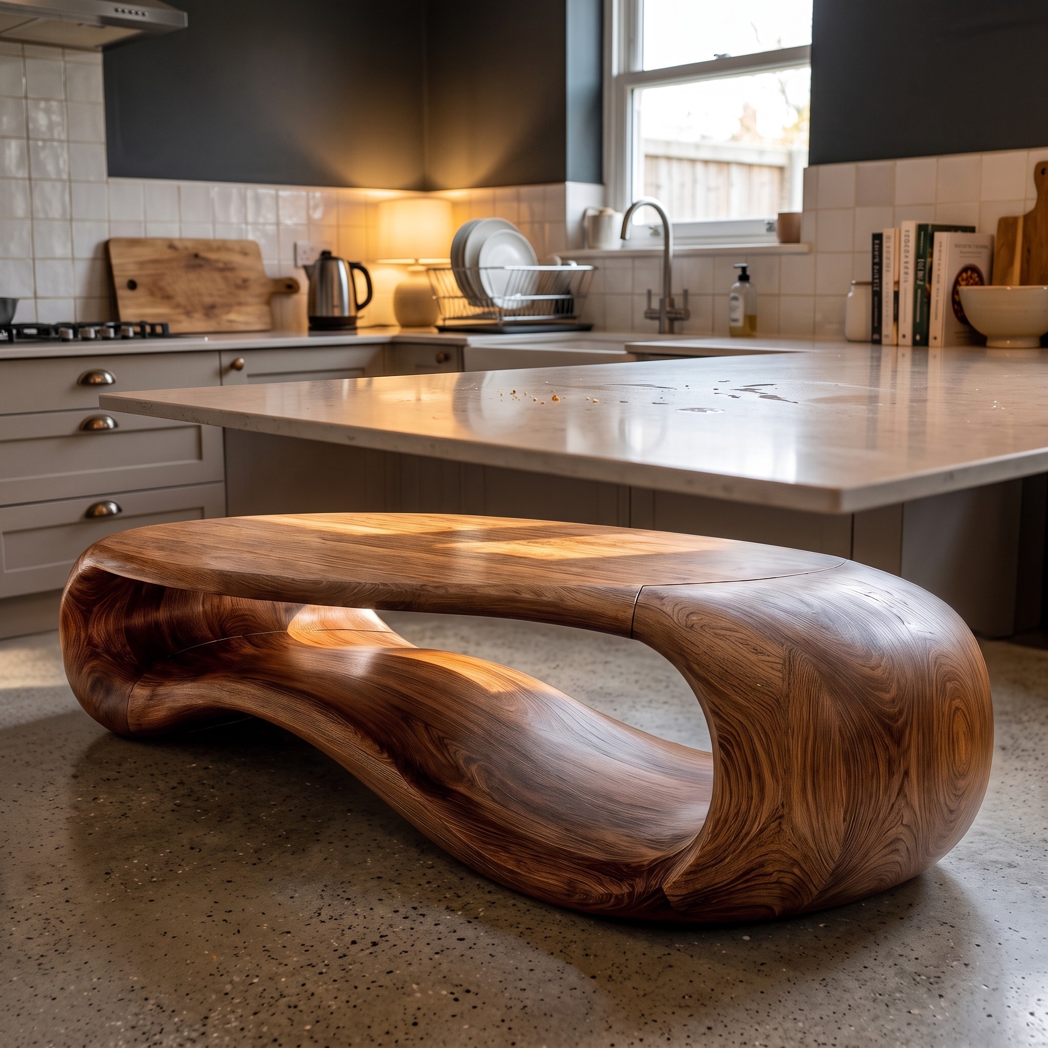 Modern Sculptural Solid Wood Coffee Table, Handcrafted Abstract Wooden Center Table for Contemporary Living Room Decor