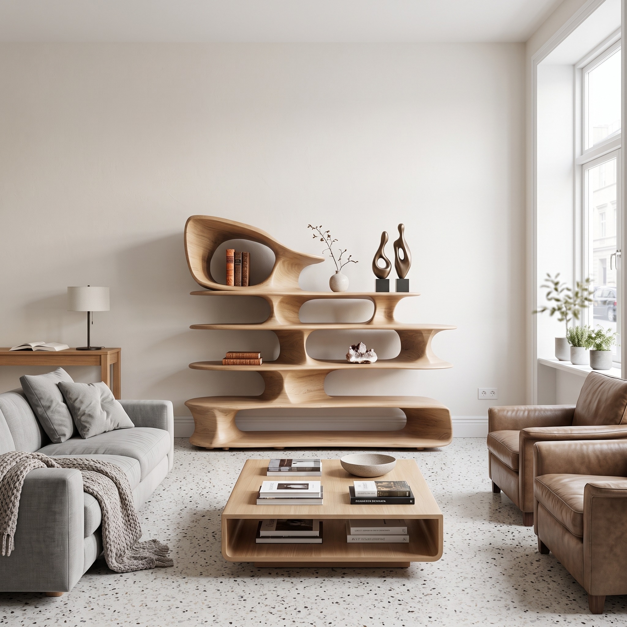 Modern Sculptural Standing Shelf for Living Room