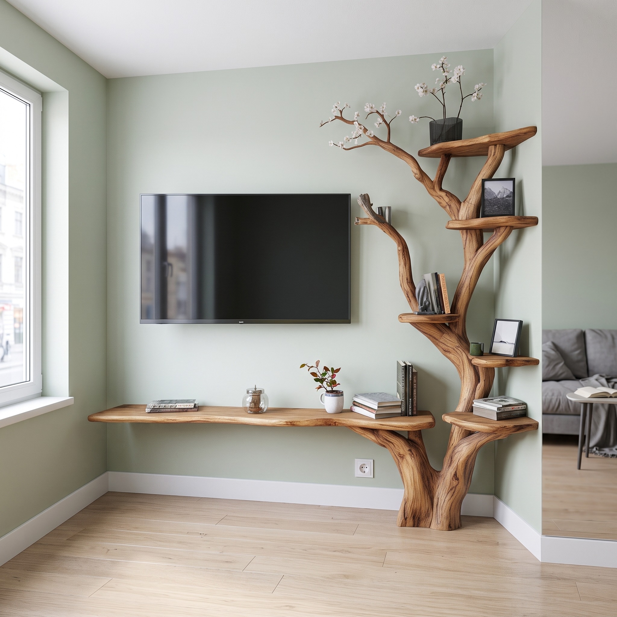 Modern Sculptural Tree Wall Mounted Desk, Floating Wood Writing Desk, Space-Saving Workstation for Home Office