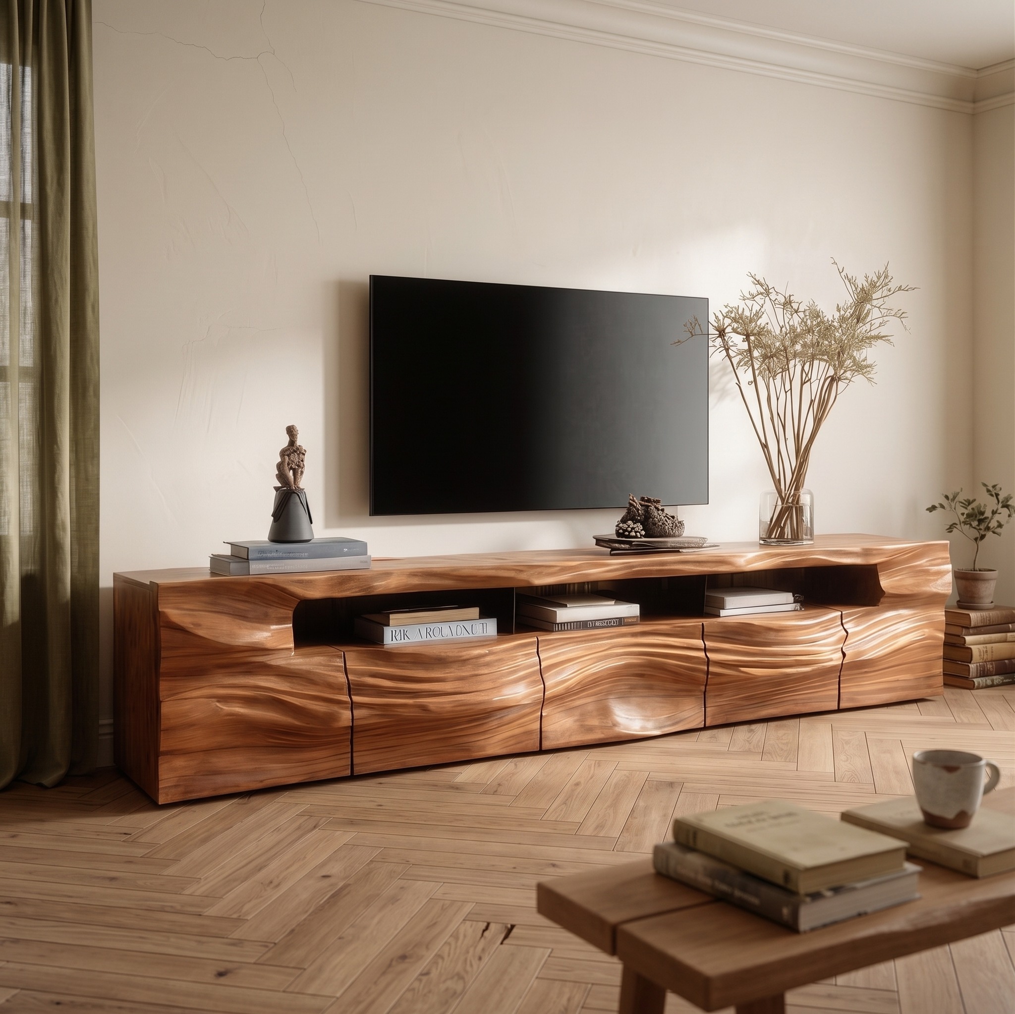 Modern Sculptural TV Console with Drawers, Contemporary Wooden Media Center Credenza for Living Room Furniture