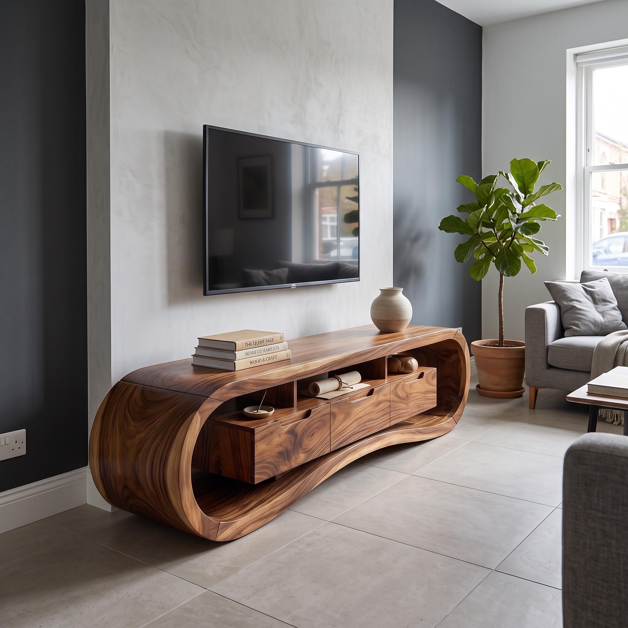 Modern Sculptural TV Stand Console, Handcrafted Solid Wood Media Center Cabinet for Minimalist Luxury Living Room