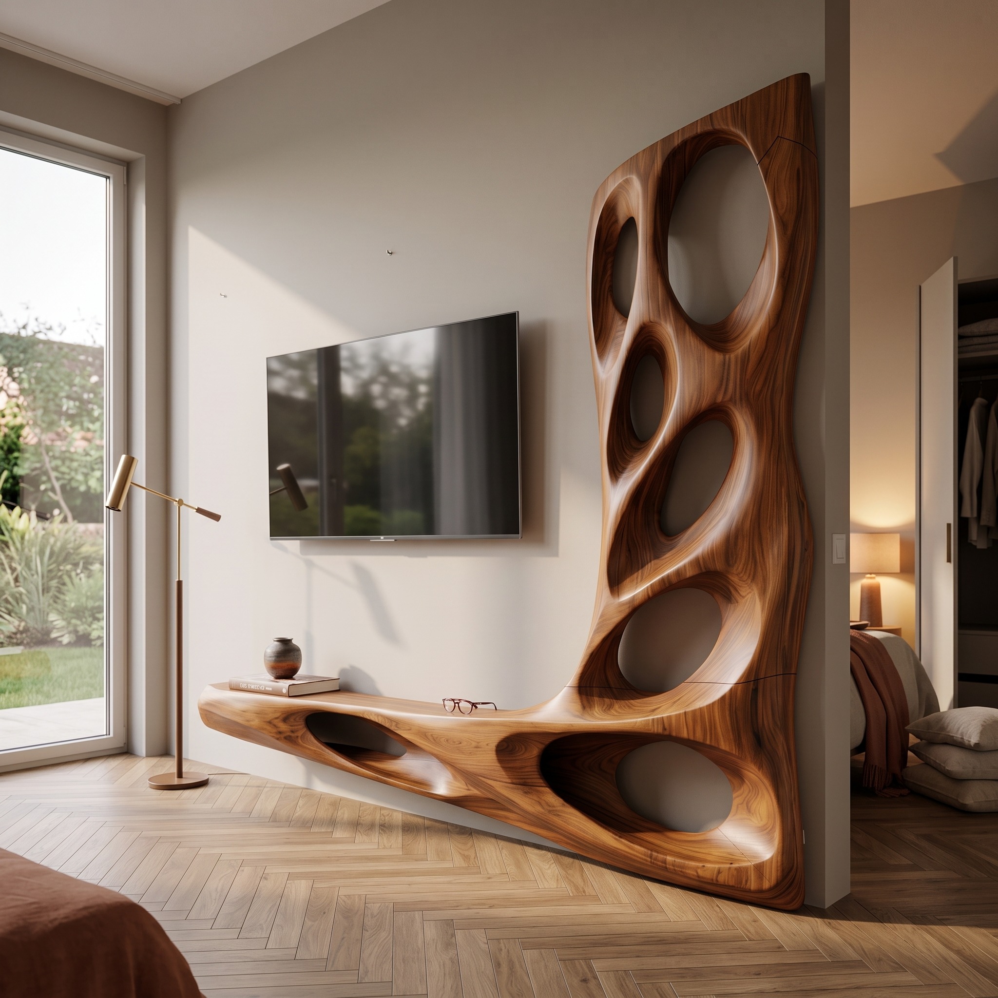 Modern Sculptural TV Wall Console, Floating Wooden Media Shelf Entertainment Center for Living Room Decor
