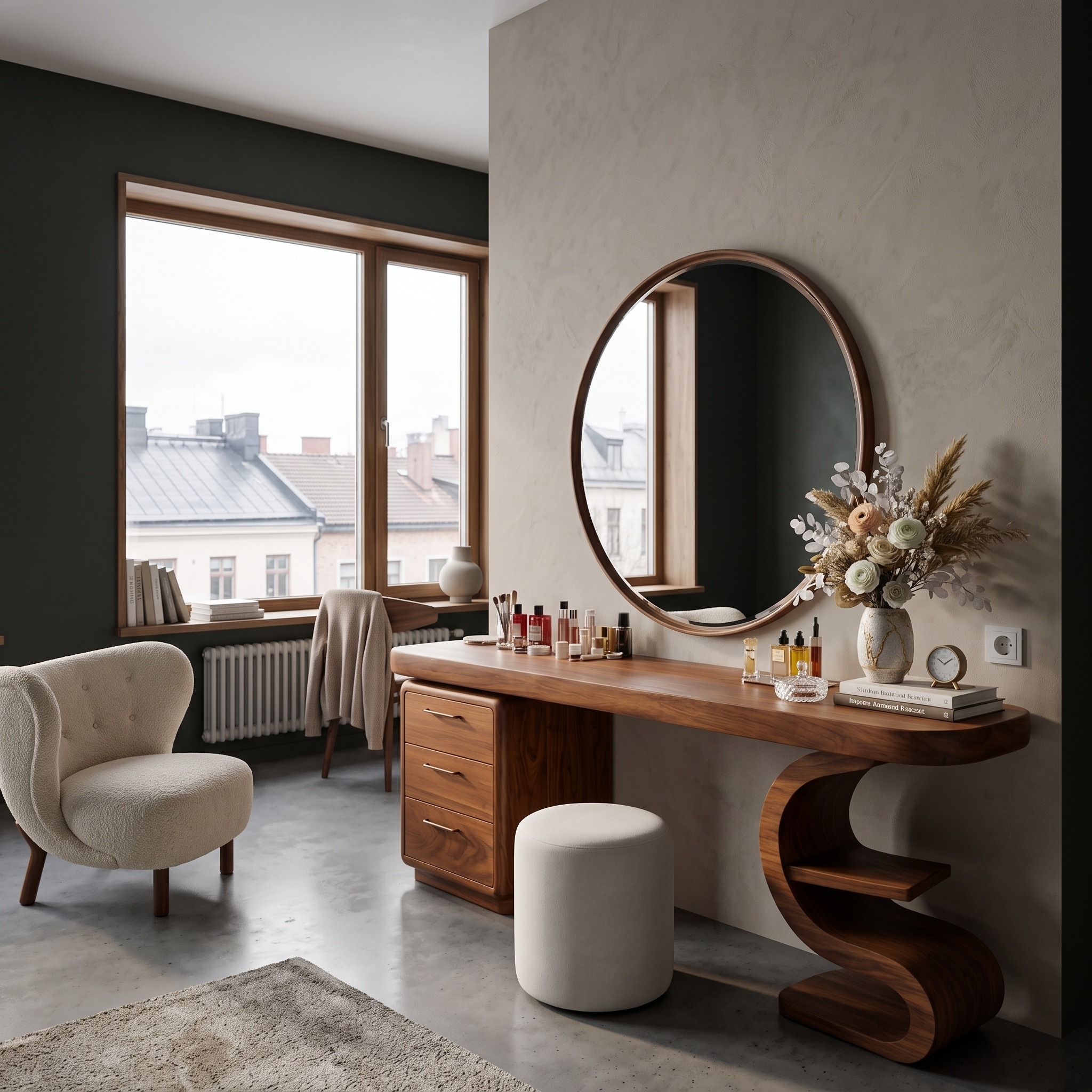 Modern Sculptural Vanity Table, Elegant Wooden Makeup Dressing Desk Console with Storage for Bedroom & Studio