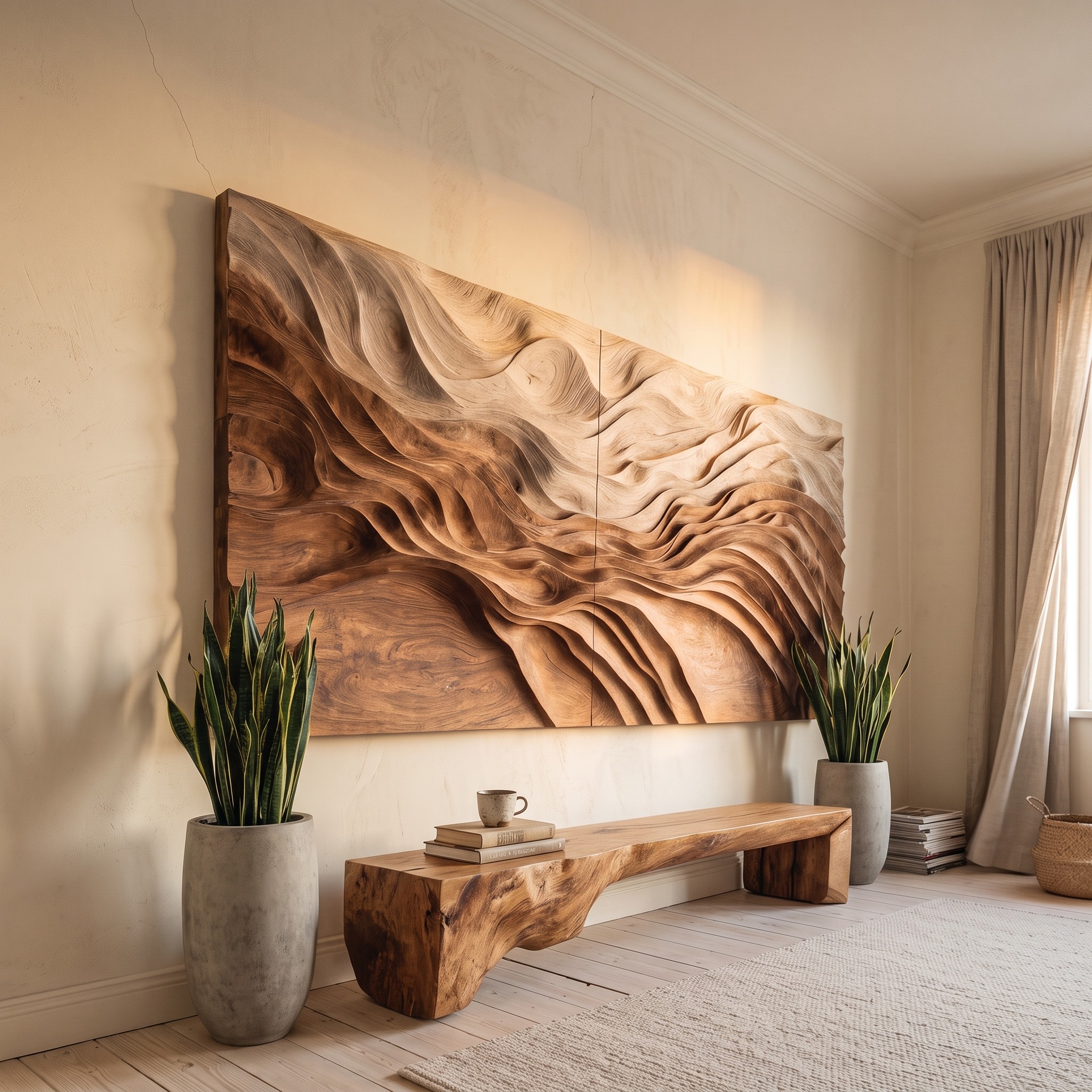 Modern Sculptural Wall Art with Flowing Wave Design, Handcrafted Solid Wood 3D Panel Decor for Living Room