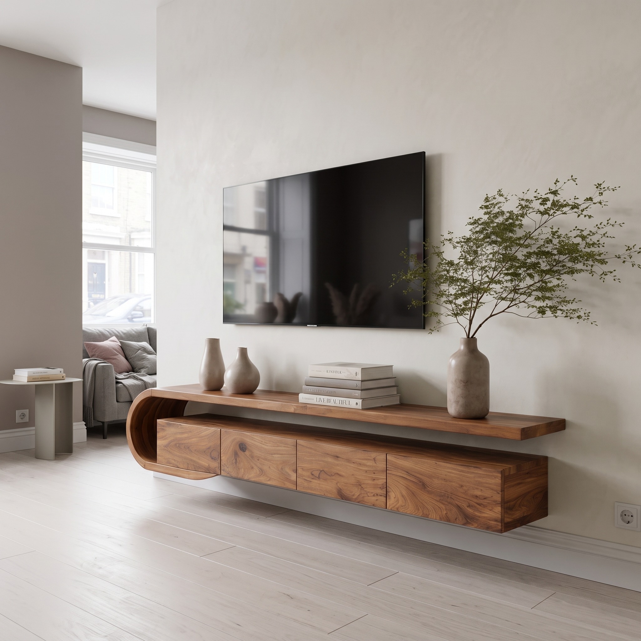 Modern Sculptural Wall Mounted TV Console, Floating Wooden Media Shelf Entertainment Center for Living Room