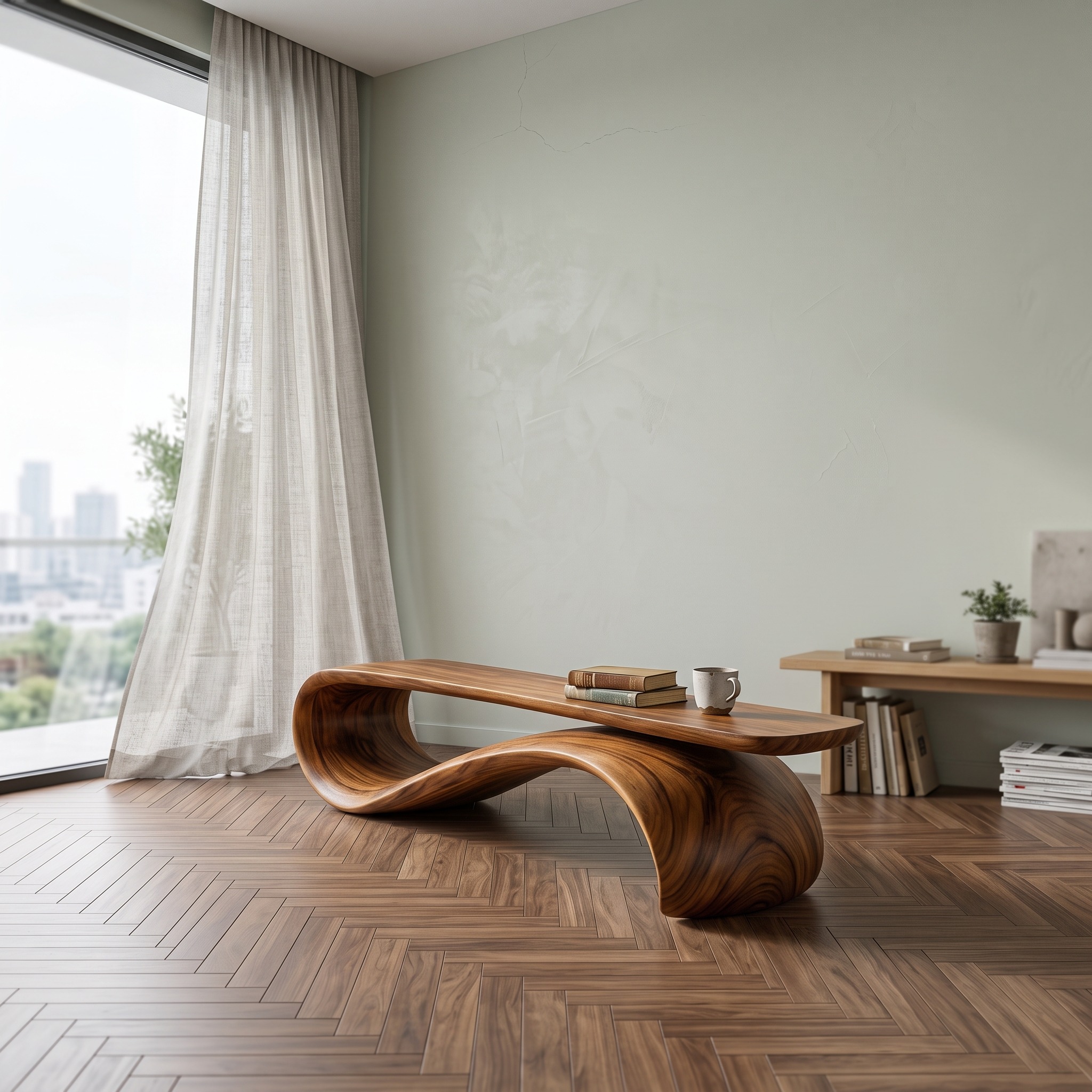 Modern Sculptural Wood Bench, Contemporary Entryway Hallway Seating, Unique Timber Dining Accent Bench