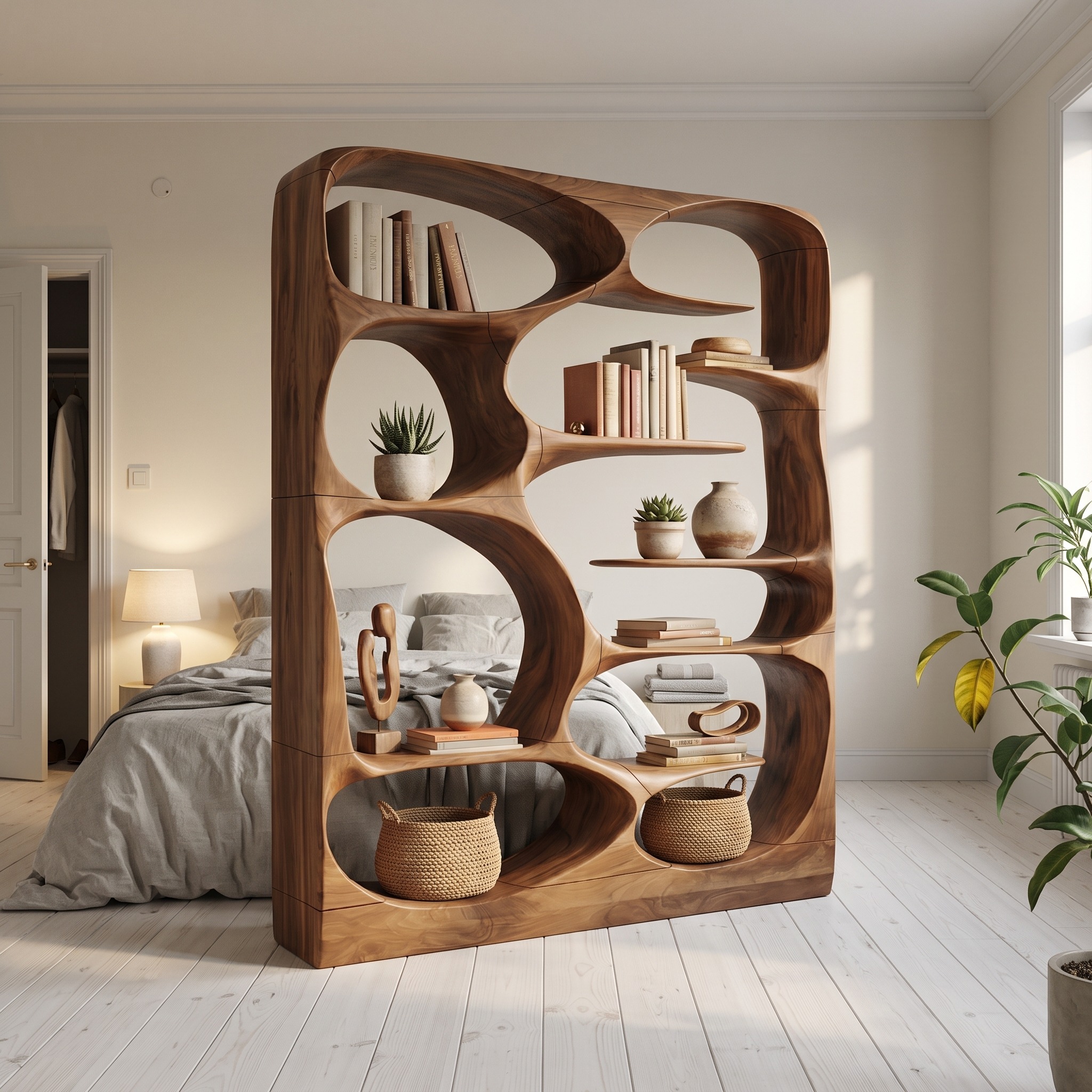 Modern Sculptural Wood Bookshelf, Handcrafted Artistic Storage Organizer Display Case Cabinet for Living Room