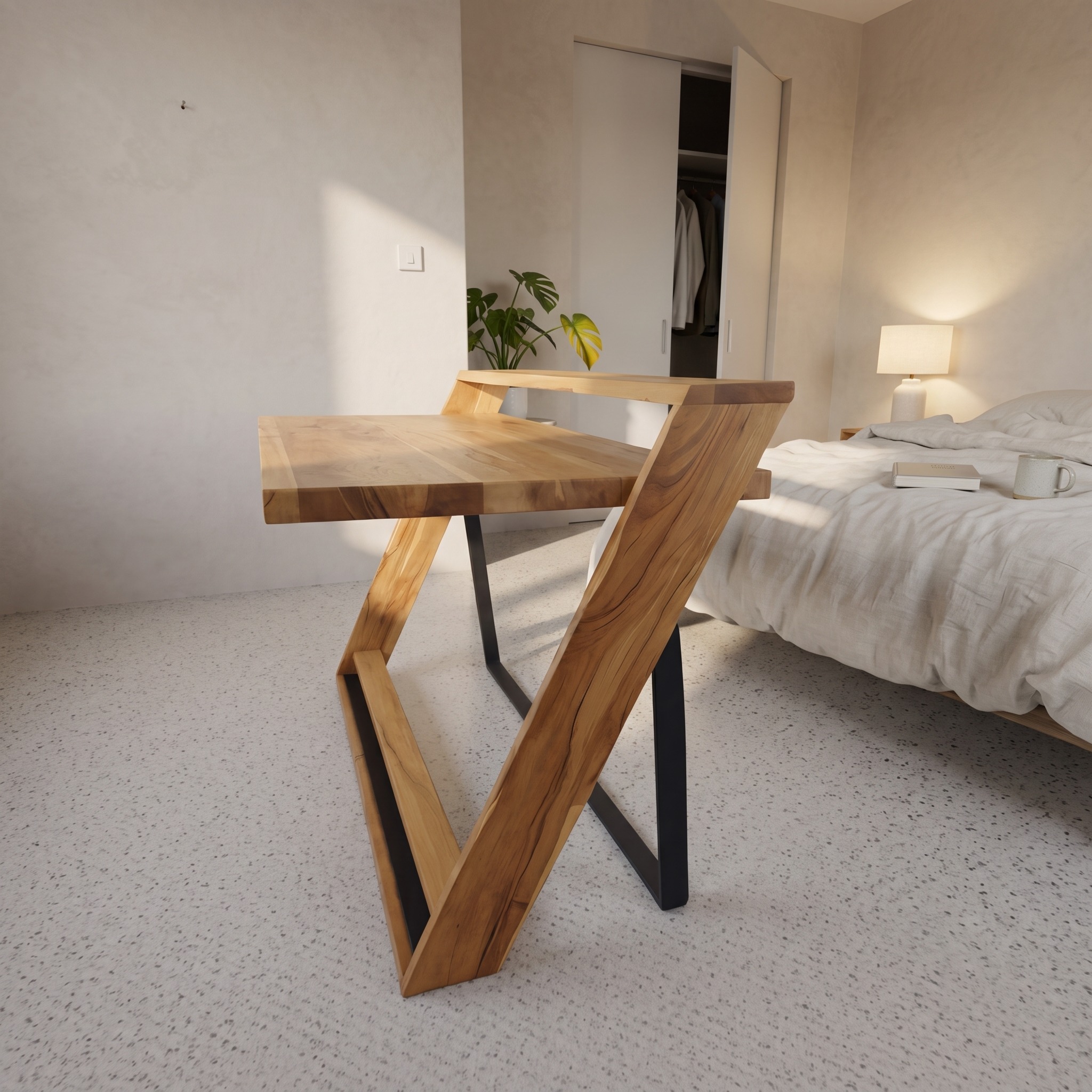 Modern Sculptural Wood Desk with Z-Frame, Artistic Solid Wood Computer Writing Table for Home Office, Studio