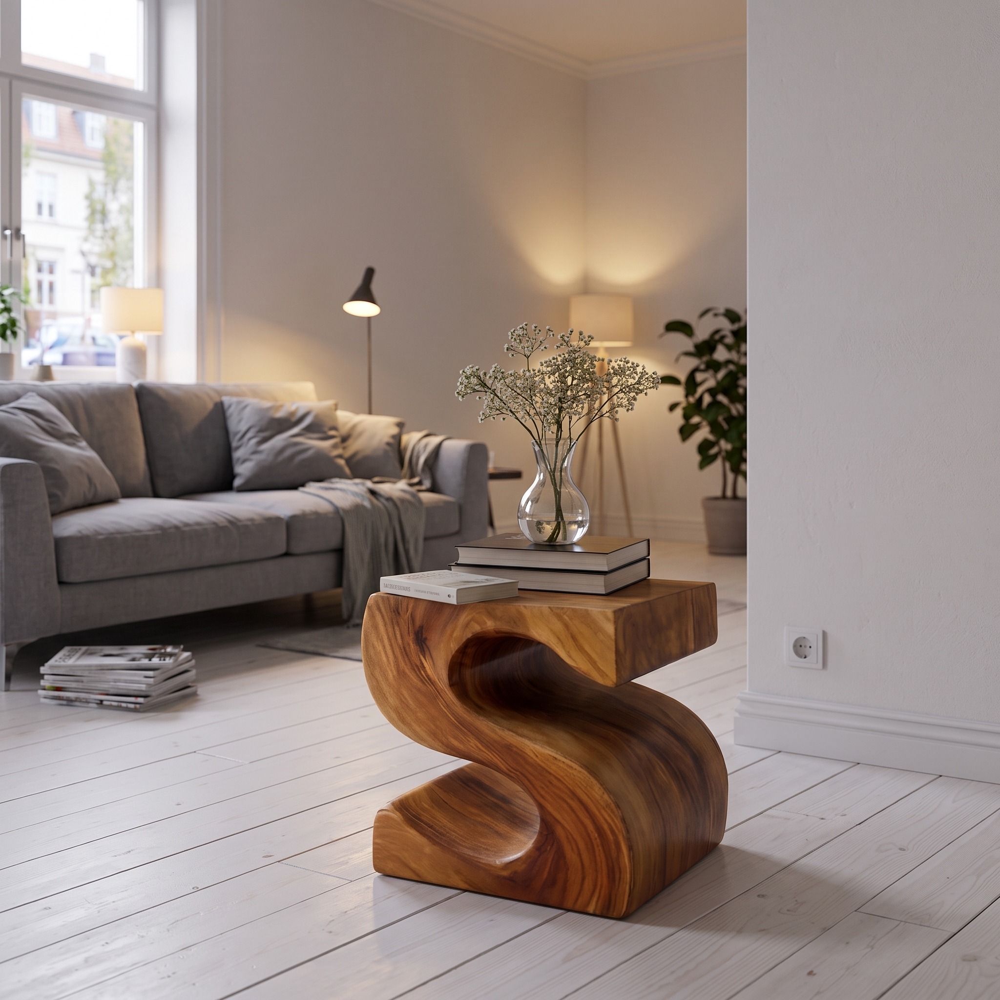 Modern Sculptural Wood Nightstand, Unique S-Shaped Bedside Table with Open Storage, Model