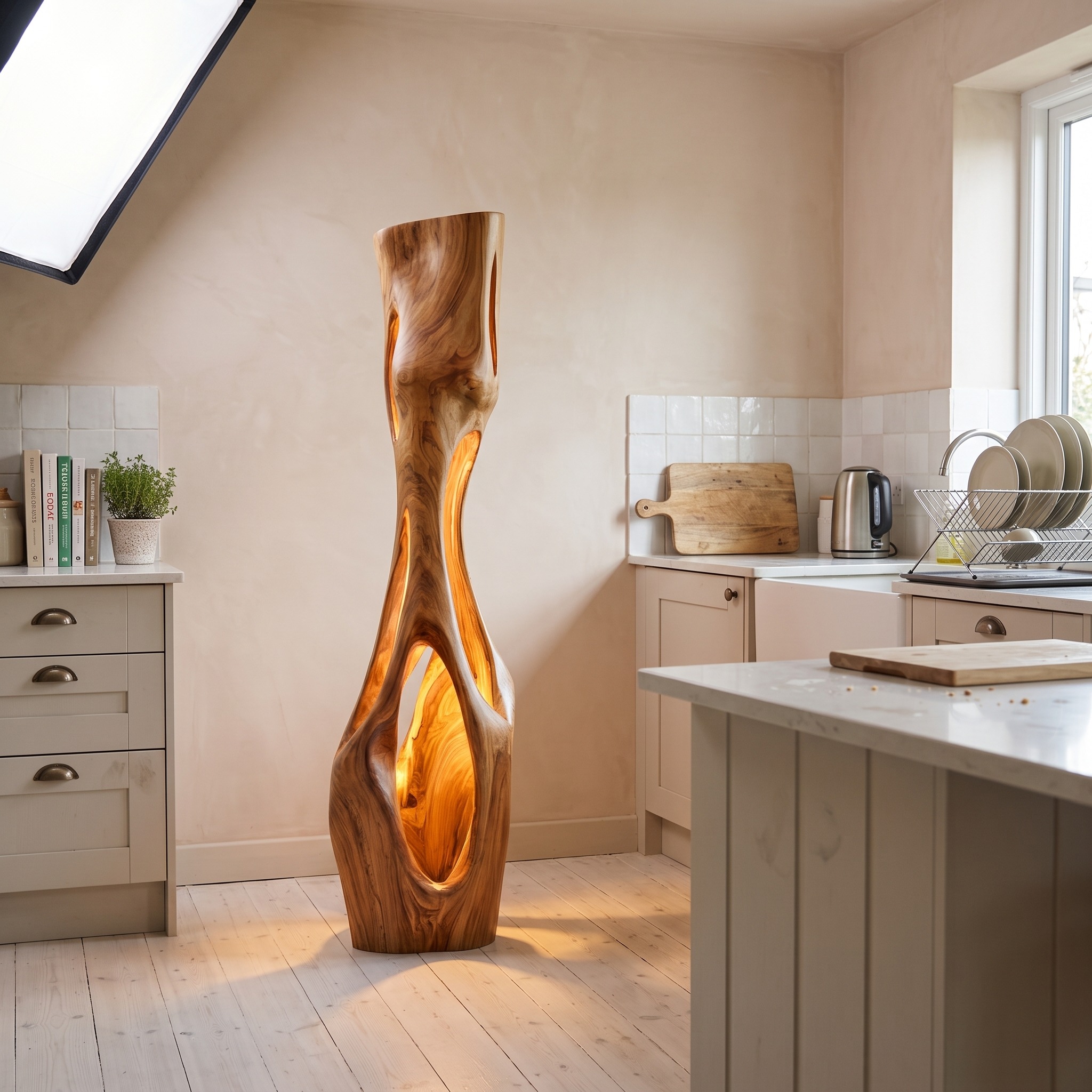 Modern Sculptural Wood Table Lamp, Handcrafted Geometric Ambient Lighting Accent for Bedroom & Living Room Corner