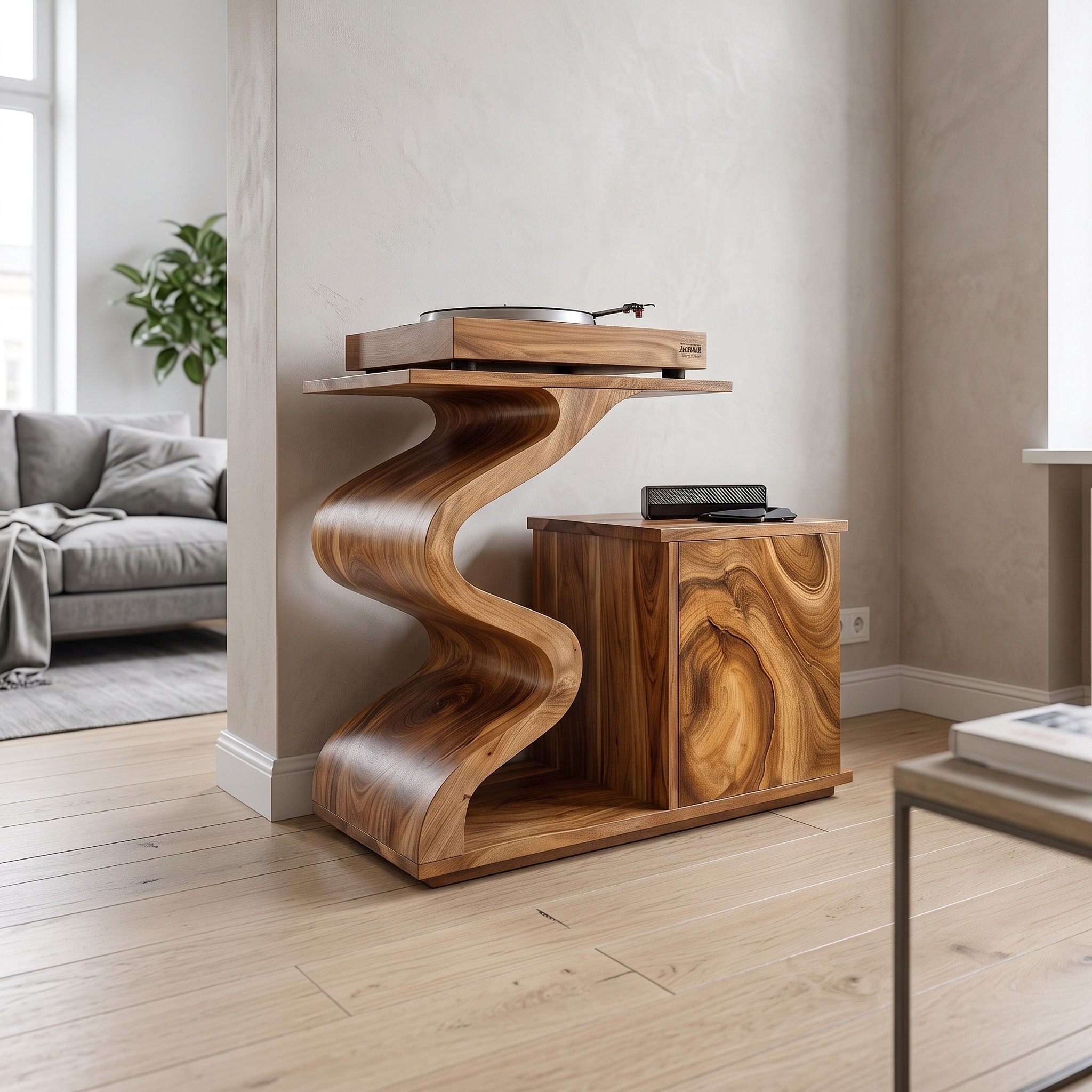 Modern Sculptural Wood Turntable Stand, Handcrafted Unique Geometric Vinyl LP Record Storage Console Table, Model