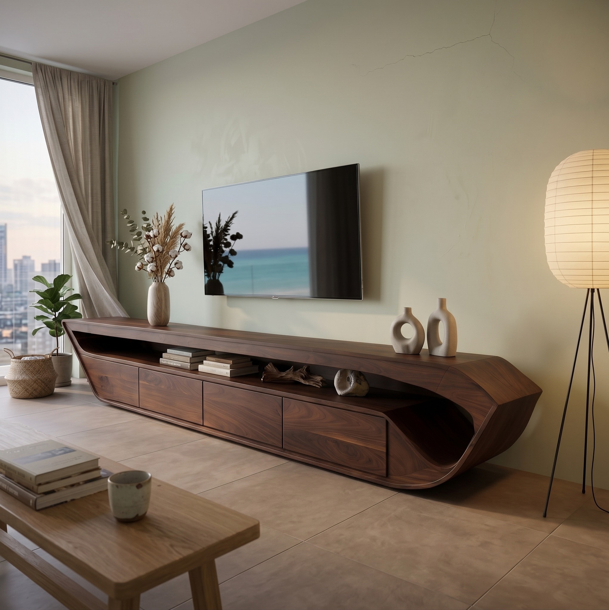 Modern Sculptural Wood TV Console with Storage Drawer, Contemporary Living Room Media Stand Entertainment Center