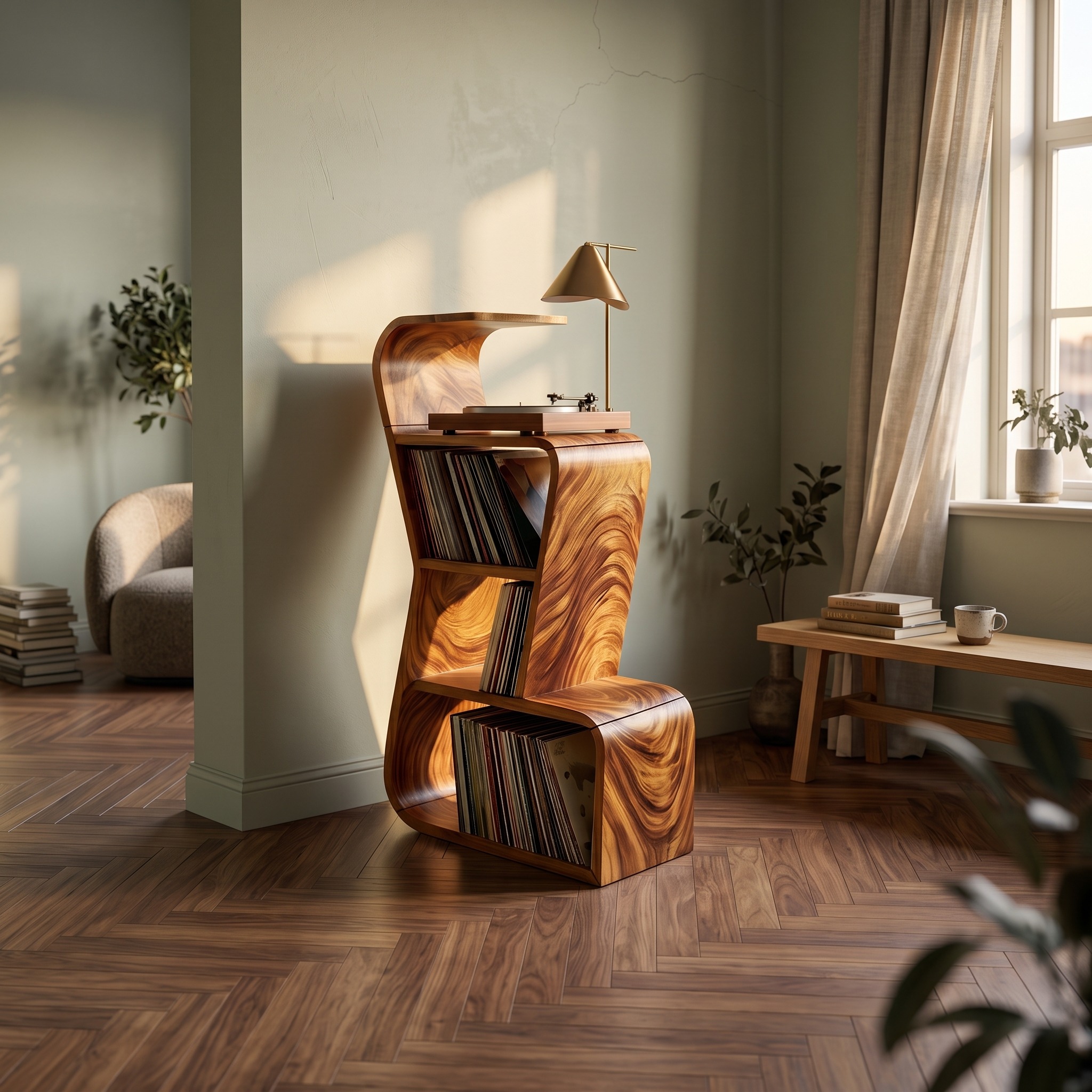 Modern Sculptural Wood Vinyl Record Stand, Handcrafted Premium Turntable Cabinet & LP Storage Rack, Model