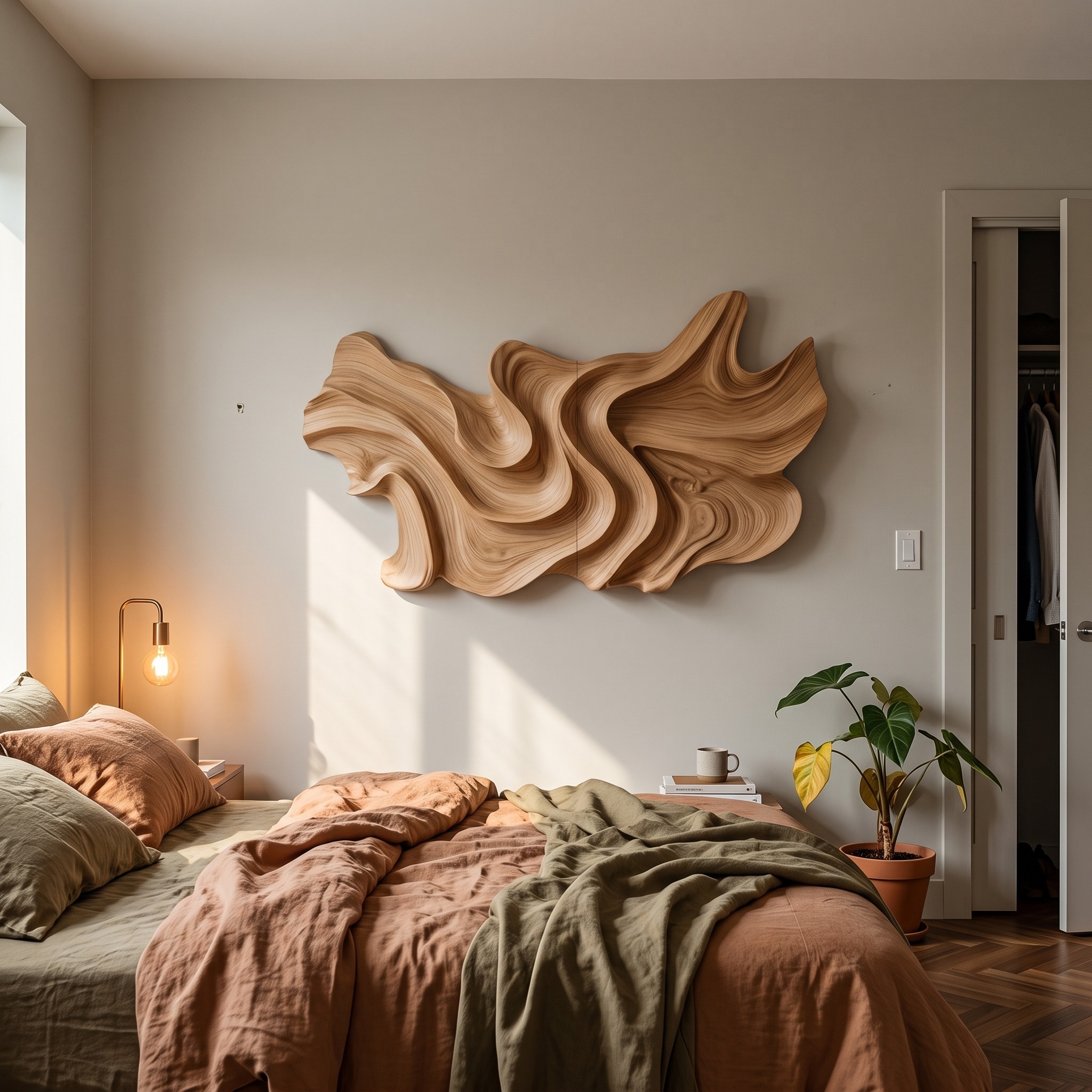 Modern Sculptural Wood Wall Art, 3D Hand-Carved Abstract Geometric Wooden Wall Hanging Panel for Living Room & Bedroom