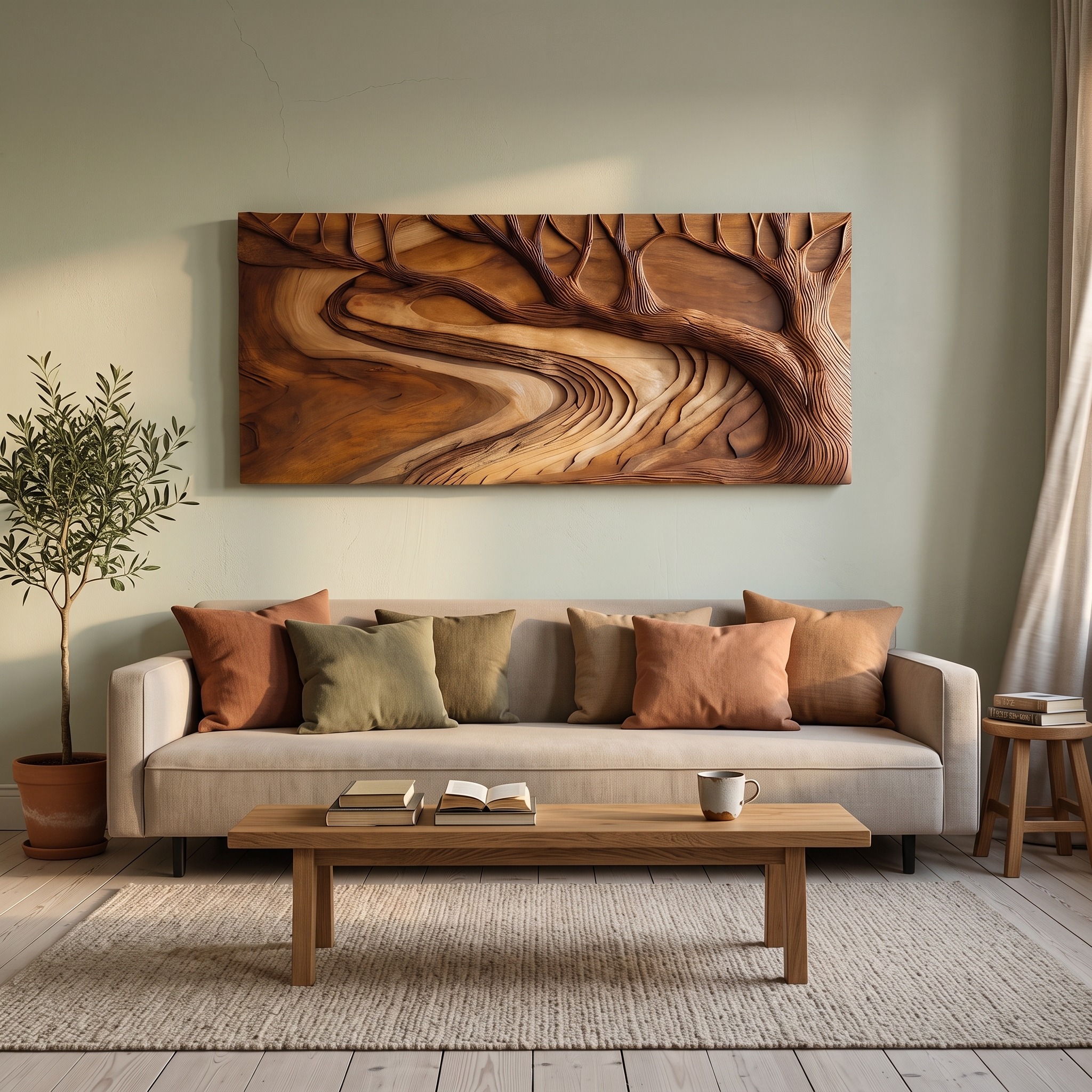 Modern Sculptural Wood Wall Art, Nature Inspired Tree Branch Carved Panel for Living Room & Office Decor