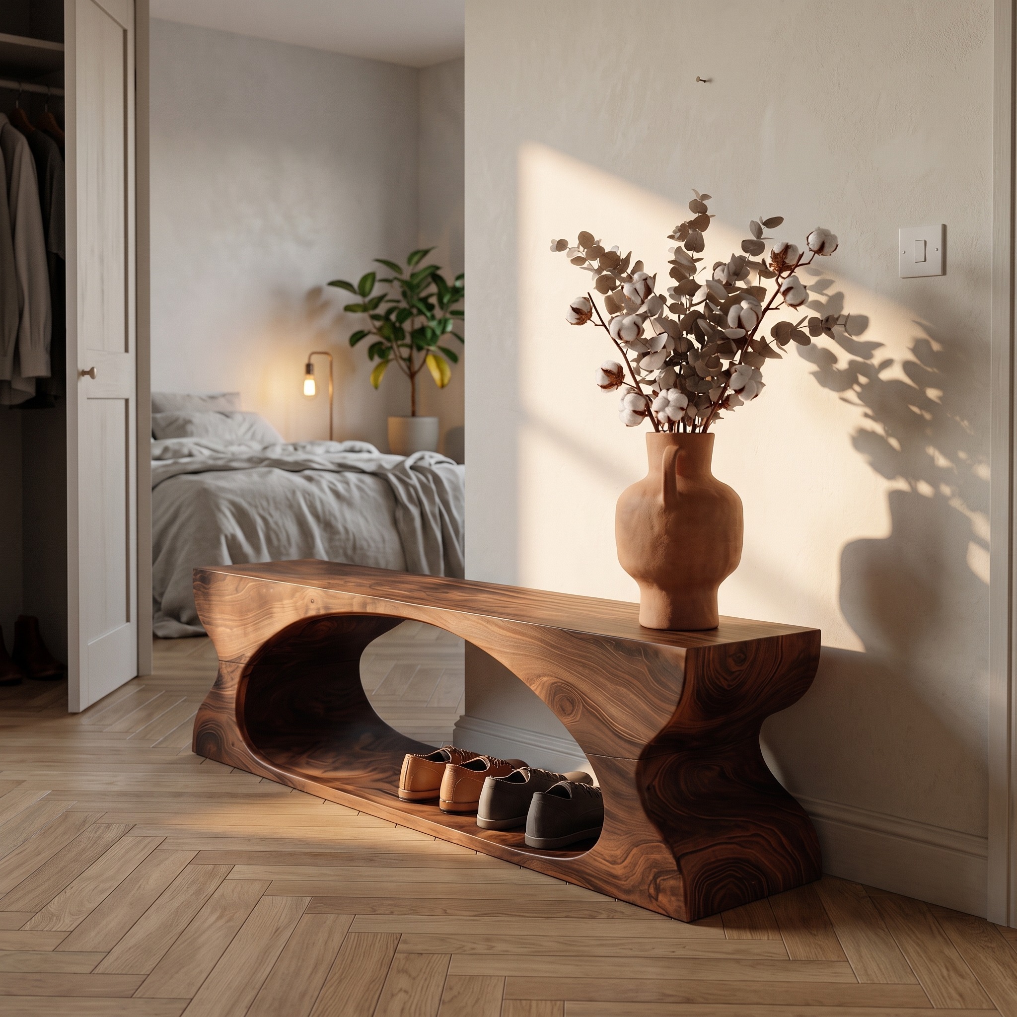 Modern Sculptural Wooden Bench with Organic Design, Solid Wood Seating for Entryway Foyer & Living Room Decor