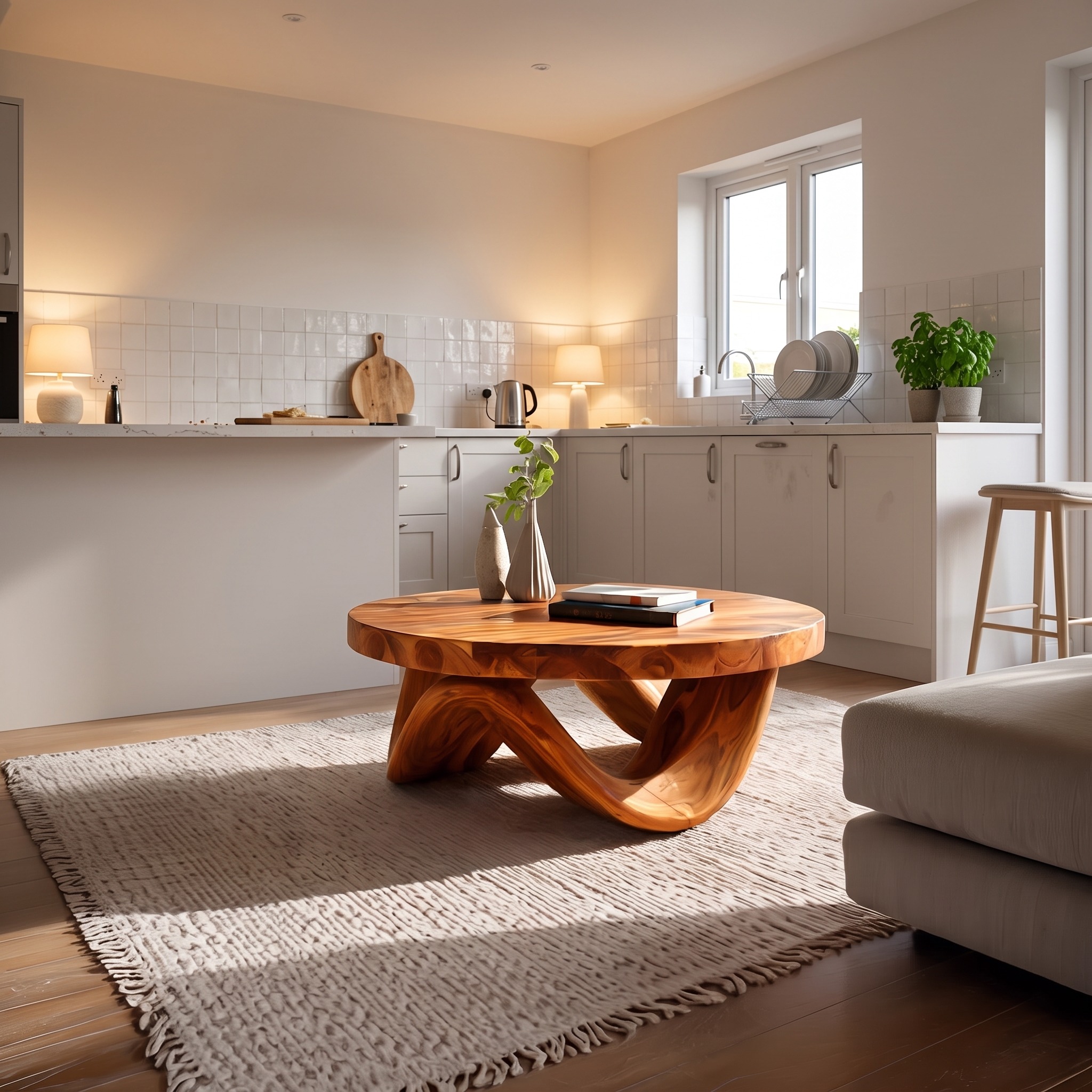 Modern Sculptural Wooden Coffee Table with Curved Wave Base, Unique Organic Center Table, Model