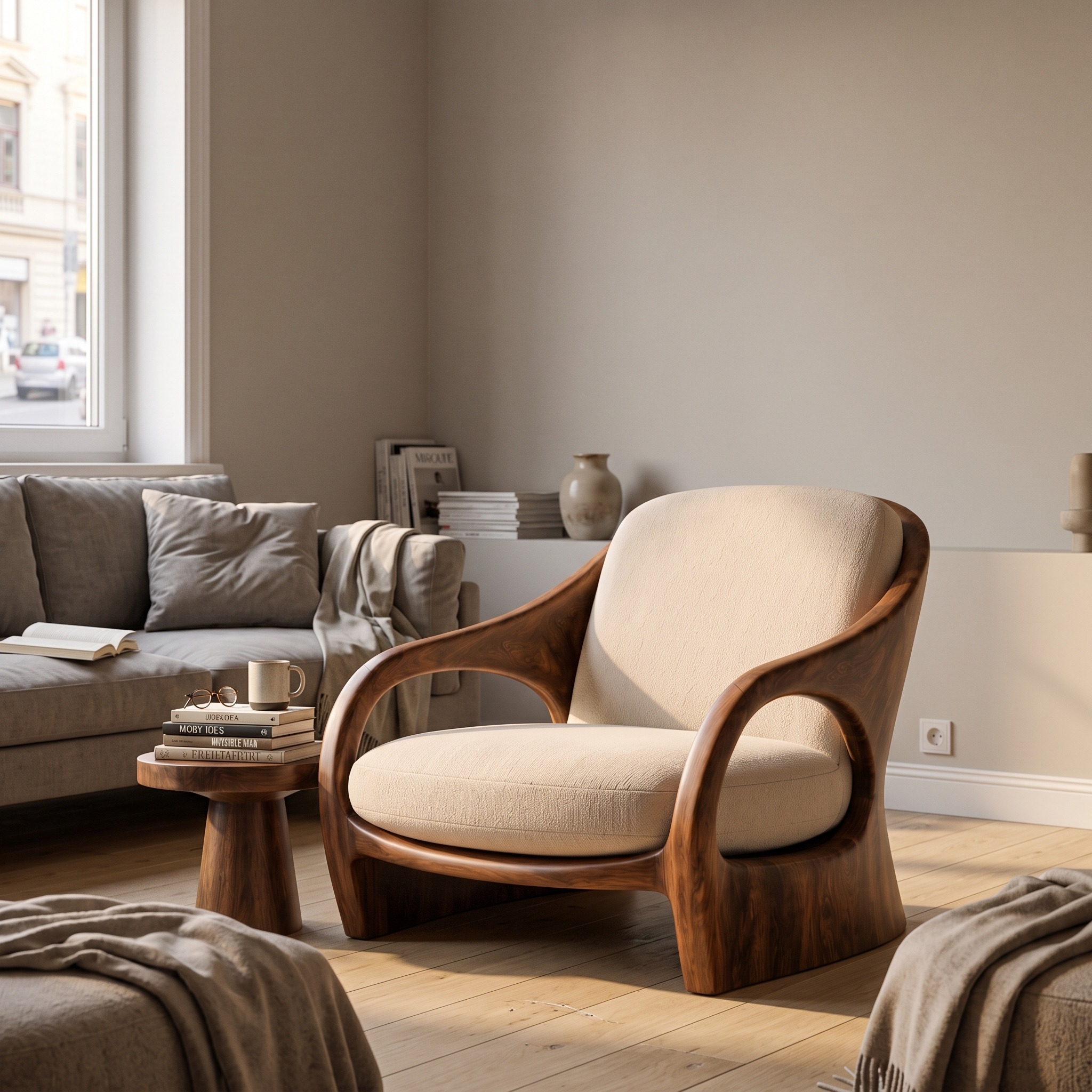 Modern Sculptural Wooden Lounge Chair, Unique Accent Armchair for Living Room or Reading Corner, Model