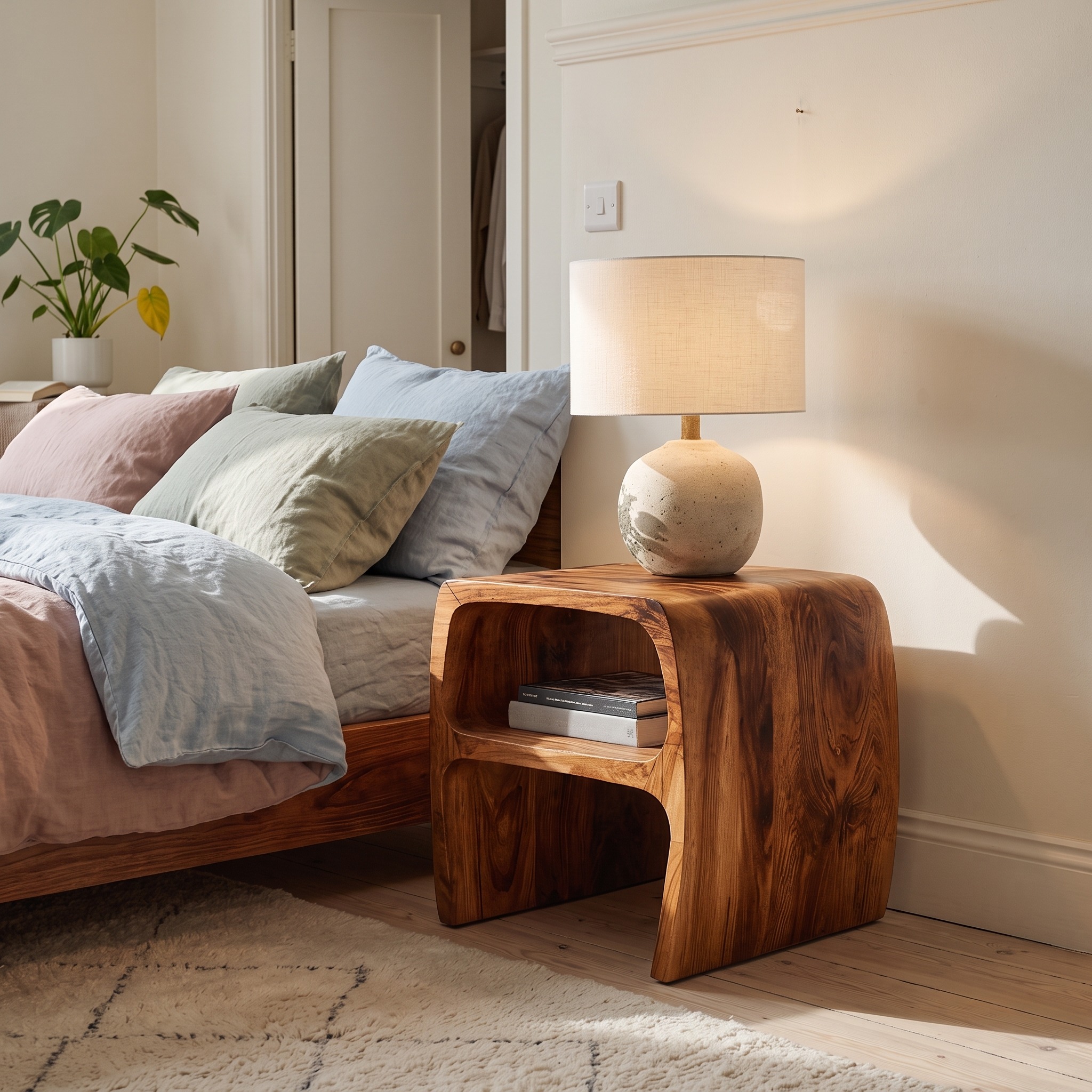 Modern Sculptural Wooden Nightstand with Open Storage Shelf, Unique Organic Bedside Table, Model