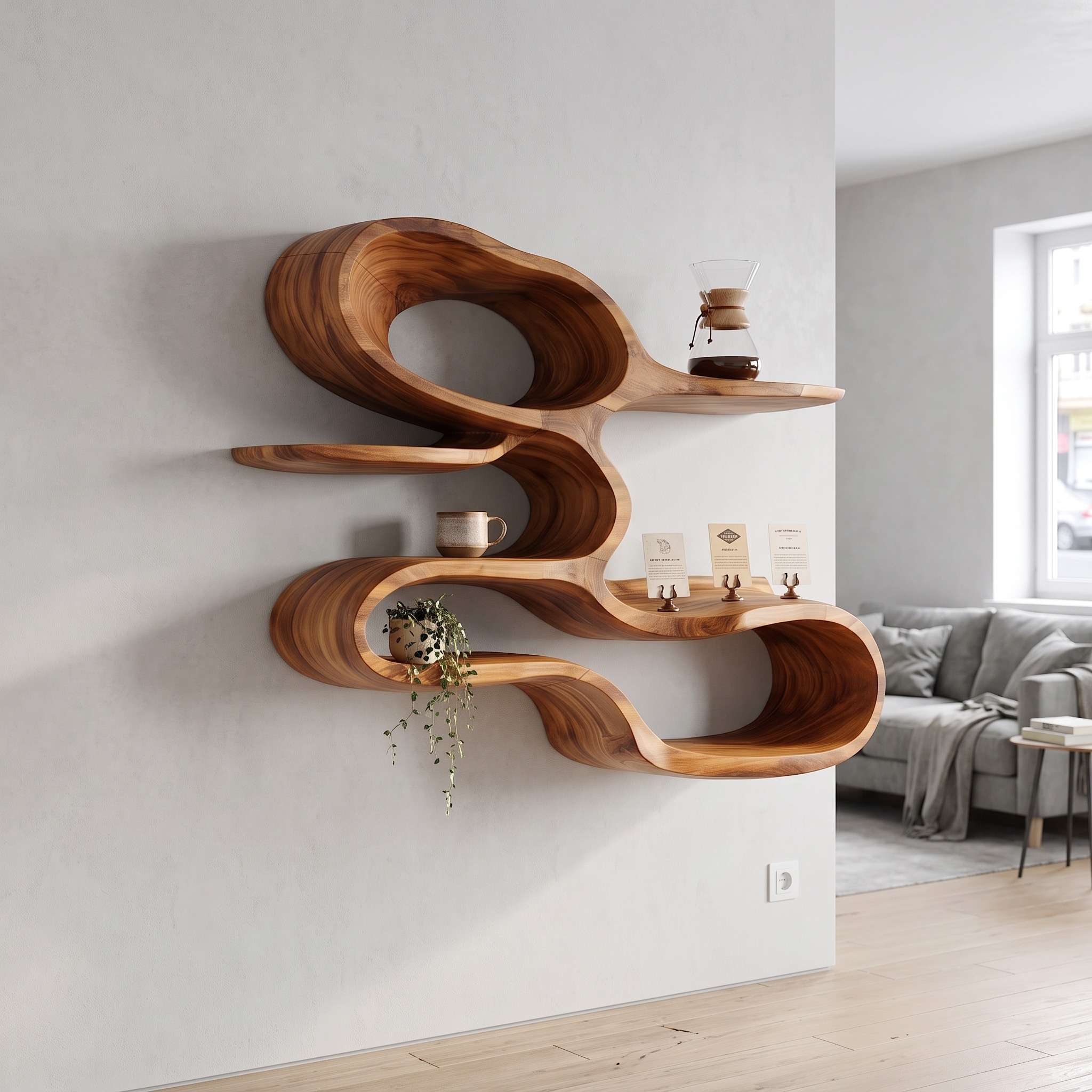 Modern Sculptural Wooden Wall Shelves for Coffee Bar