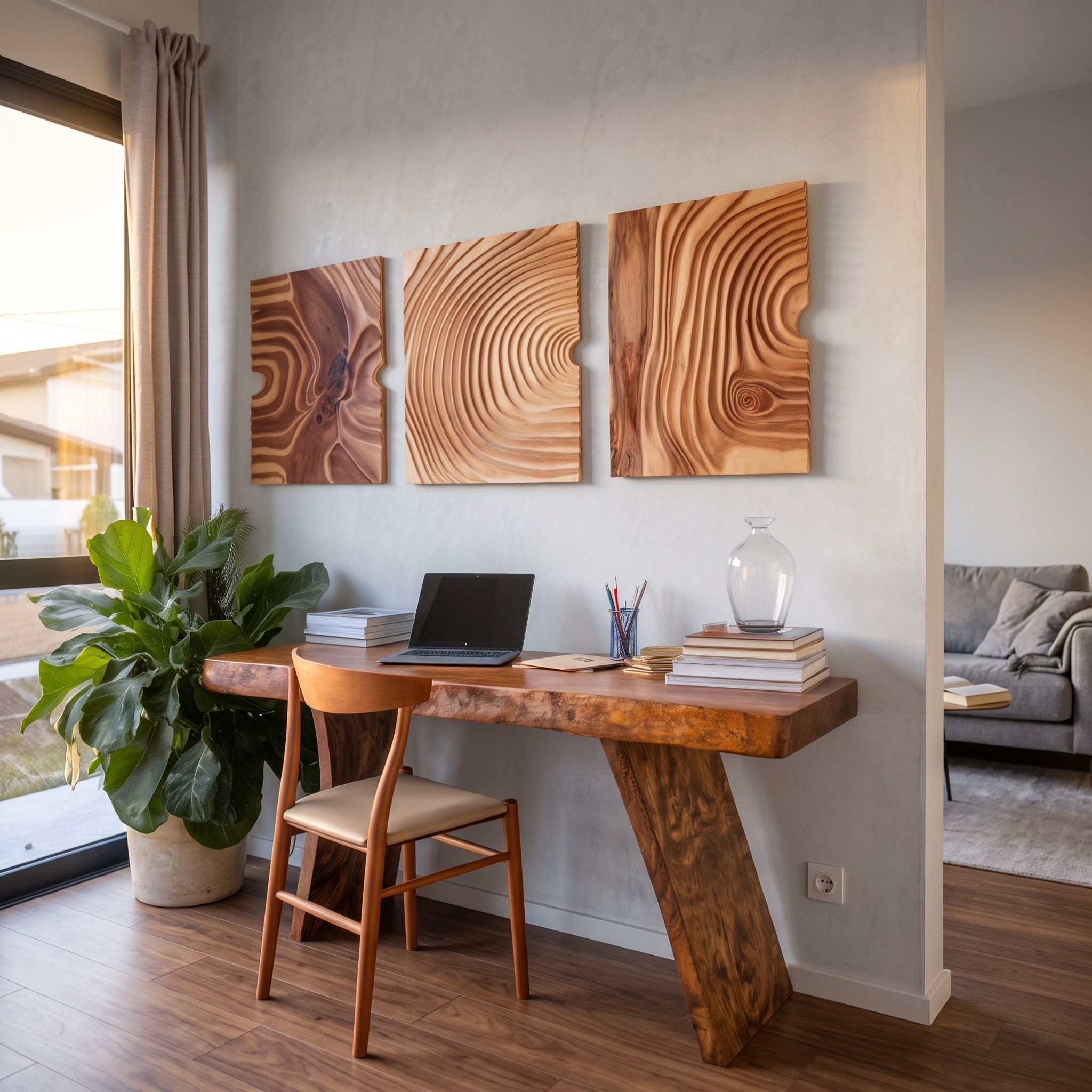 Modern Set 3Pc Carved Wooden Wall Art for Living Room and Office
