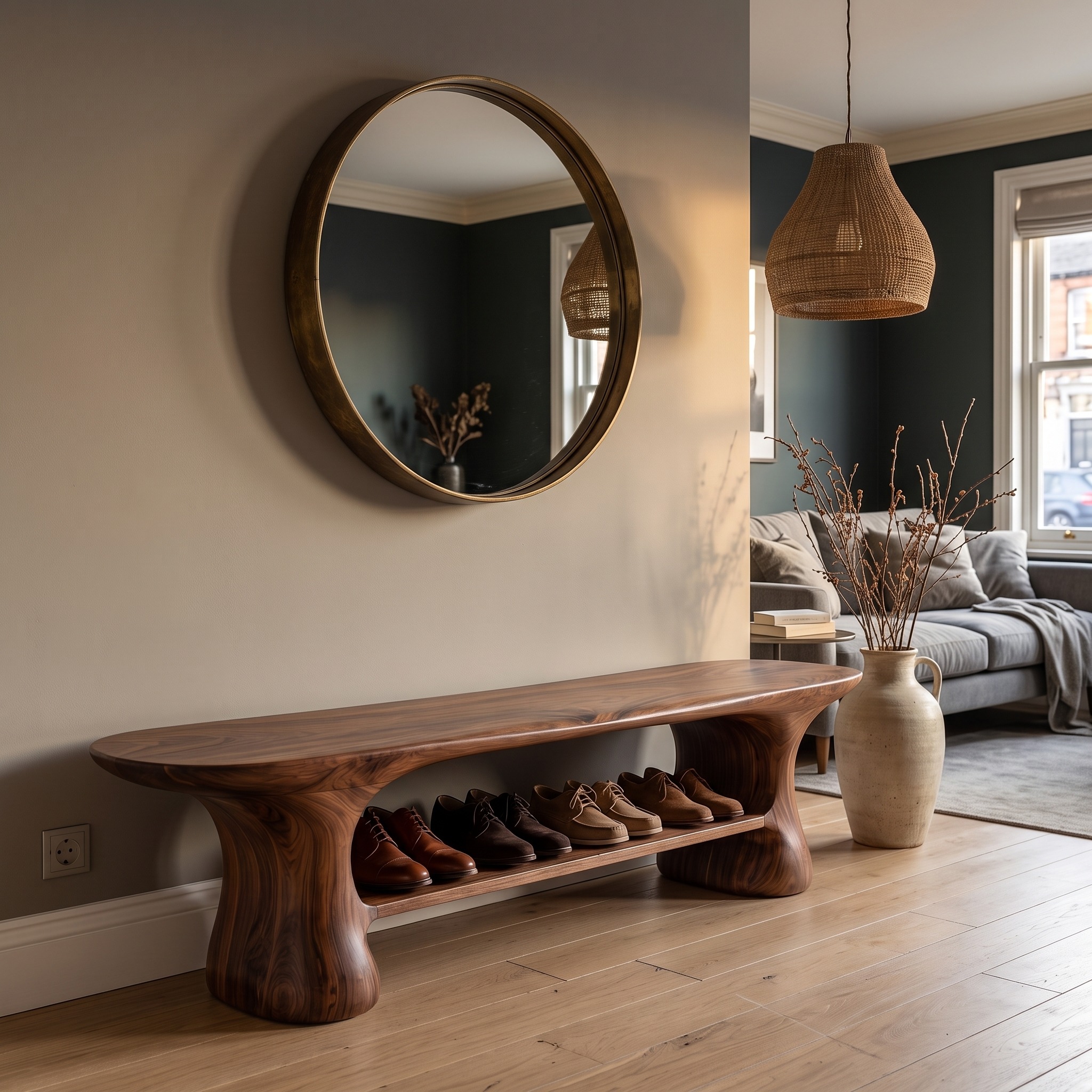 Modern Shoe Organizer Bench with Multi-Tier Storage, Wooden Entryway Sitting Bench